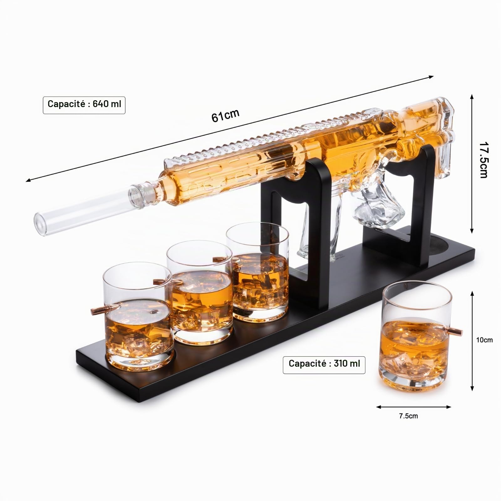The Wine Savant Ensemble de carafe à whisky AR15 - Édition limitée, bouchon silencieux-800 ml et 4 verres à balles de 12 oz - Carafe à liqueur pour pistolet faite à la main, Tik Tok
