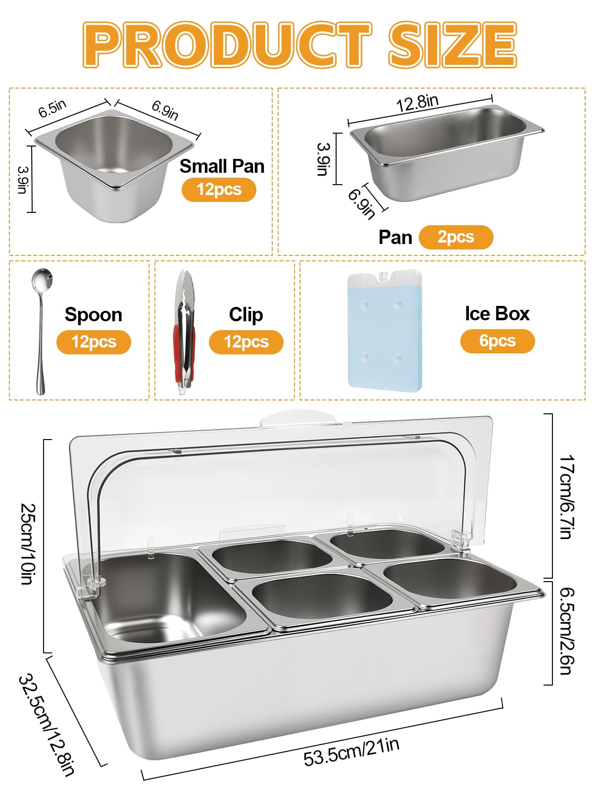Kalolary 2 Stücke Edelstahl Zutatenbehälter, 7 Pfannen Gewürz Organizer Set aus Edelstahl für Salatbar Buffet mit Löffeln Kühlboxen und Buffetbehältern für Soßen Marmeladen Zutaten Küche Restaurant