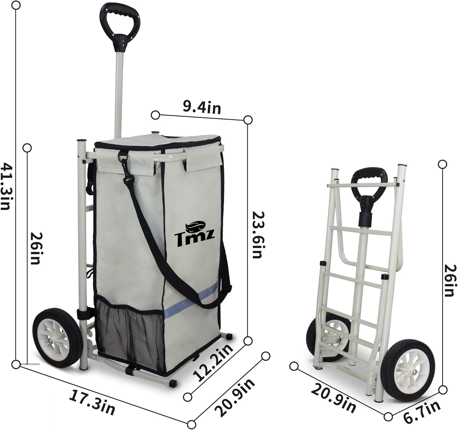 TMZ Heavy-Duty Foldable Shopping Cart with Removable Insulated Bag & Hooks - Lightweight 110 lbs Capacity Grocery Luggage Cart for Market, Travel, Laundry (Beige)