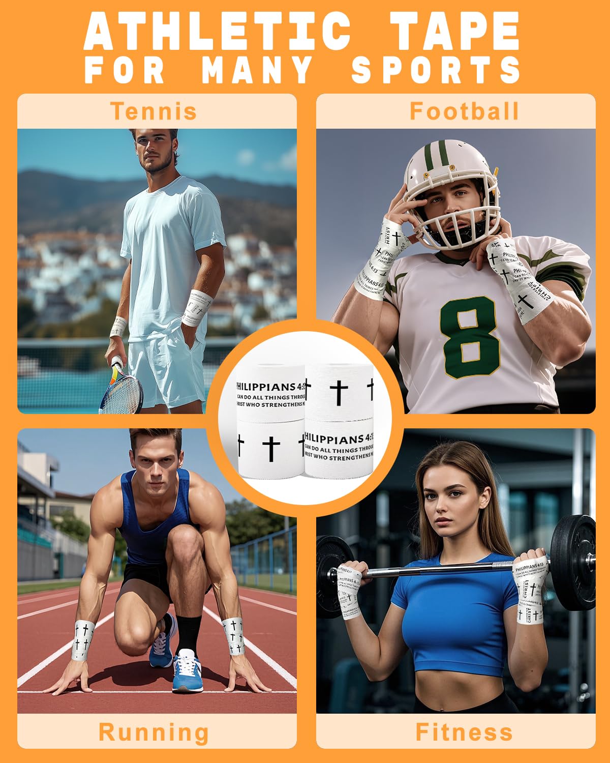 Yigney 4 Pack Christian Athletic Tapes Religious Sport Tape Bible Verse Wrist Tape Cross White Tape for Sports Gymnastics Tennis 2IN X 23FT
