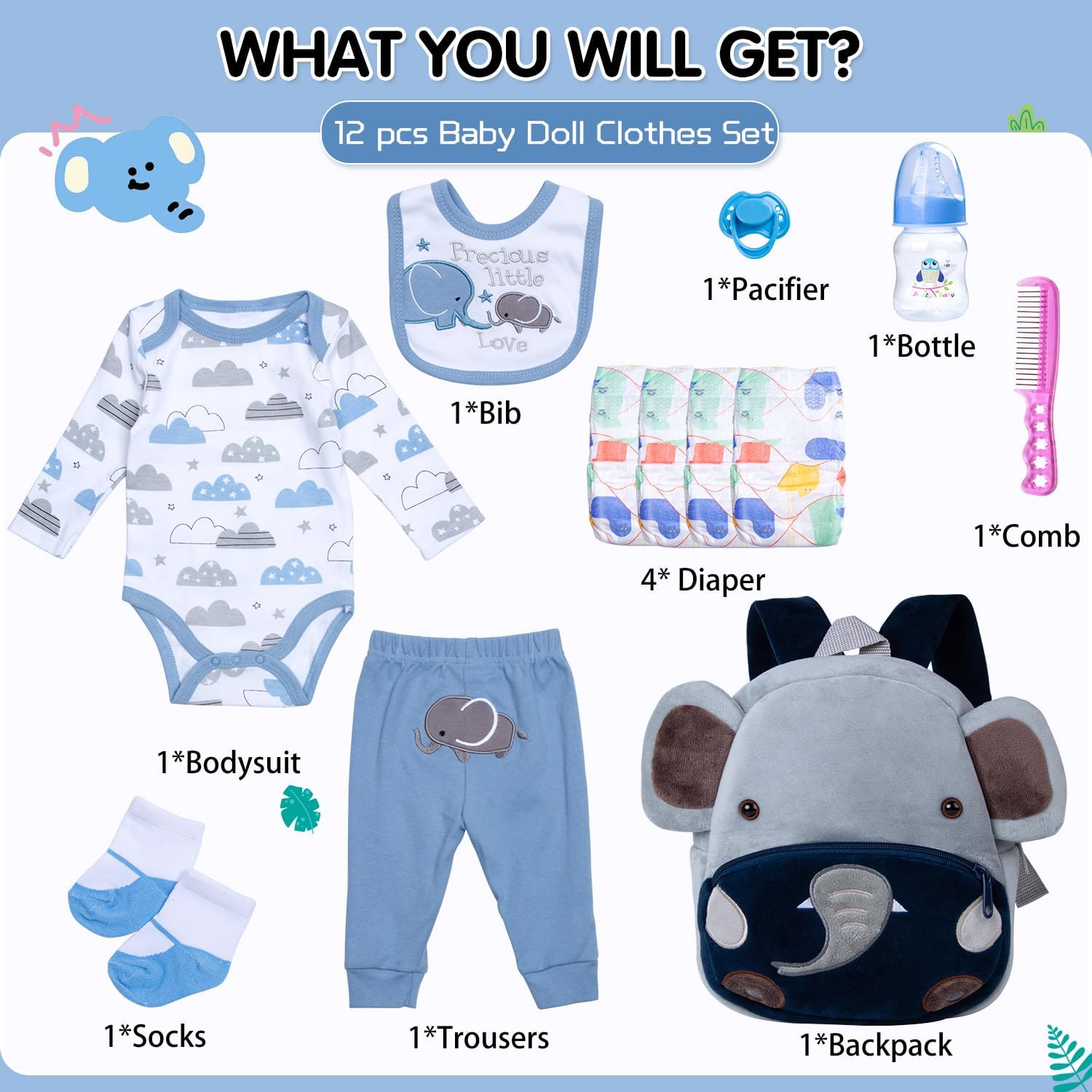 12Pcs Baby Doll Accessories 17-22 Inch Boy Reborn Doll Clothes with Diapers Backpack Bag Blue Elephant Outfits Newborn Baby Dolls Clothing