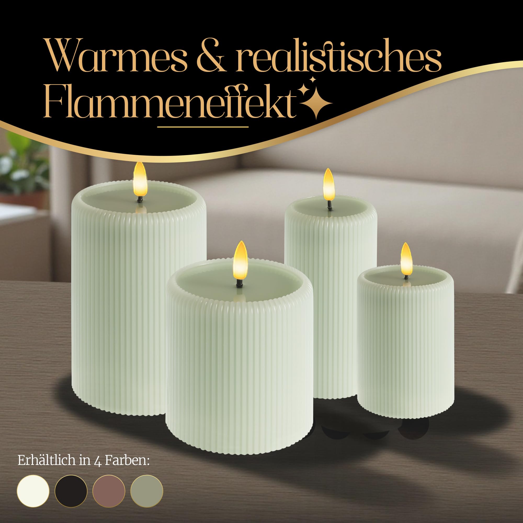 Meisterhome® LED-Kerzen 4er-Set Sage - Flammenlos – Stumpenkerzen mit Fernbedienung & Timer – batteriebetrieben – warmweißes Licht – Ø 7,5/10 cm, Höhe 10/15 cm – Riffel-Design – flackernde Flamme