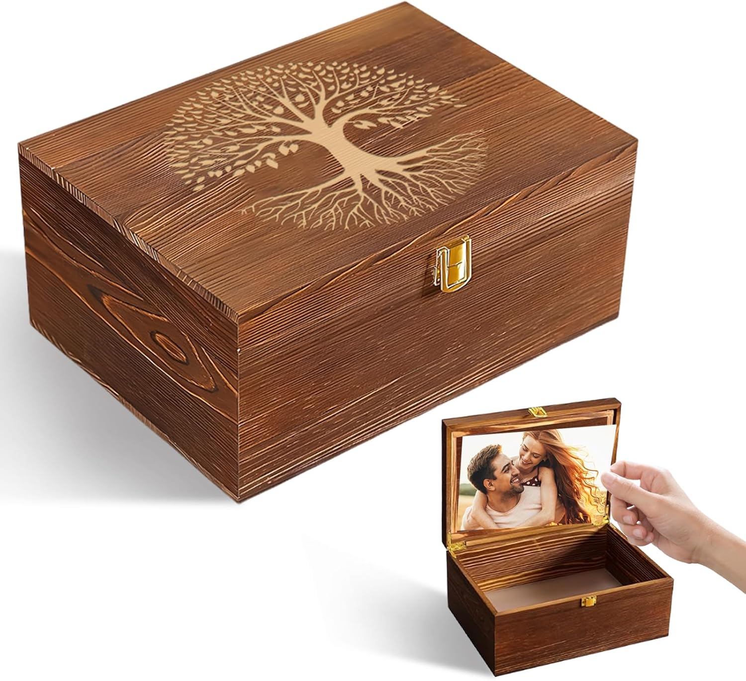 Wooden Keepake Box, Large Tree of Life Storage Memory Box with Hinged Lid for Storing Photo, Jewelry, Gifts, Decorative Memory Treasure Box