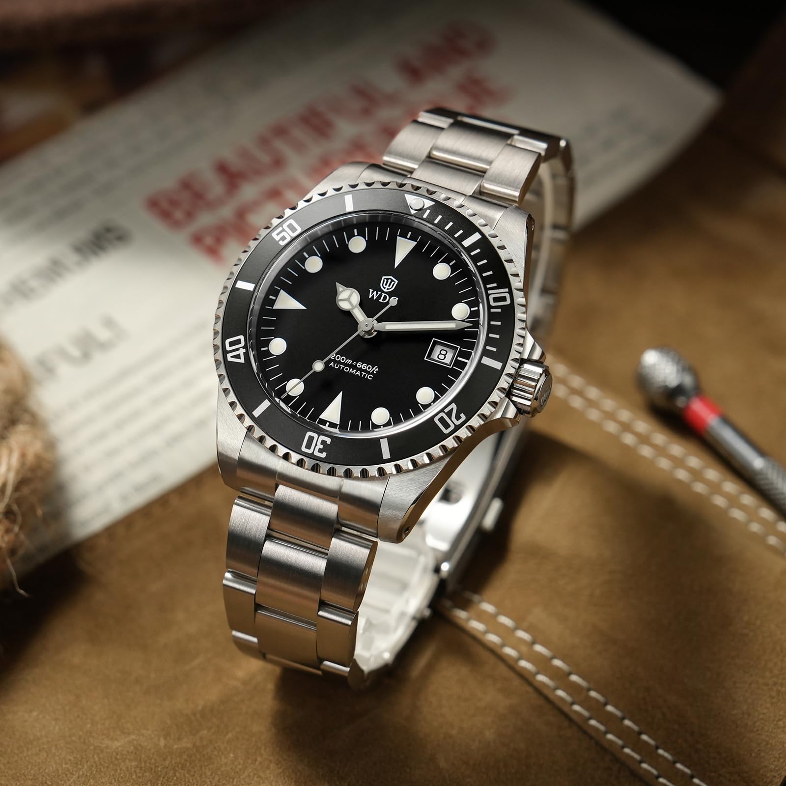 watchdives WD5513P Vintage Sub Taucheruhr für Herren, PT5000 PT5004 Automatik Mechanische Luxus Taucheruhren, 40,7 mm Gewölbtes Saphirglas Armbanduhr, 20 Bar wasserdichte Taucheruhr