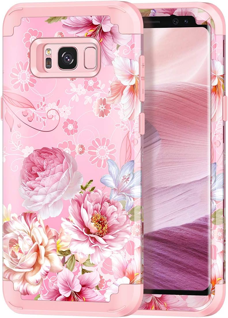 Hekodonk Compatible with Galaxy S8 Plus Case, Floral Design Heavy Duty Shockproof Full-Body Protective High Impact Hybrid Cover for Samsung Galaxy S8 Plus Pink Flower