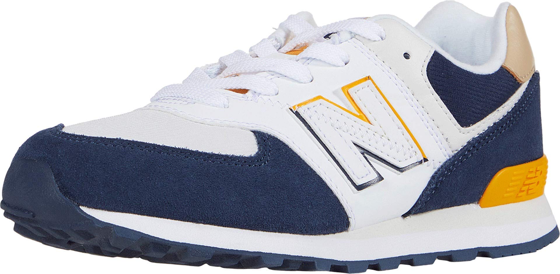 New Balance Kids 574 V1 70s Racing Lace-up Sneaker, NATURAL INDIGO/CHROMATIC YELLOW, 3 W Little Kid (4-8 Years)