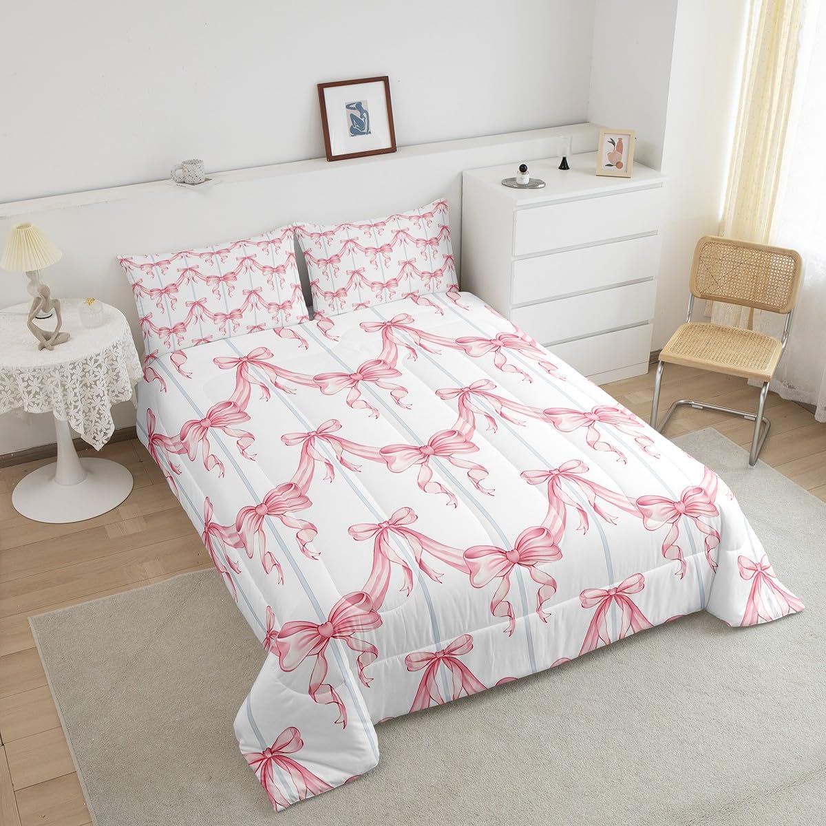 Feelyou Cute Bowknot Bedding Set Girls Bow Comforter Set for Kids Boys Girls Teens Room Decor Kawaii Bow Print Comforter Queen Size Bow Duvet Set 3Pcs