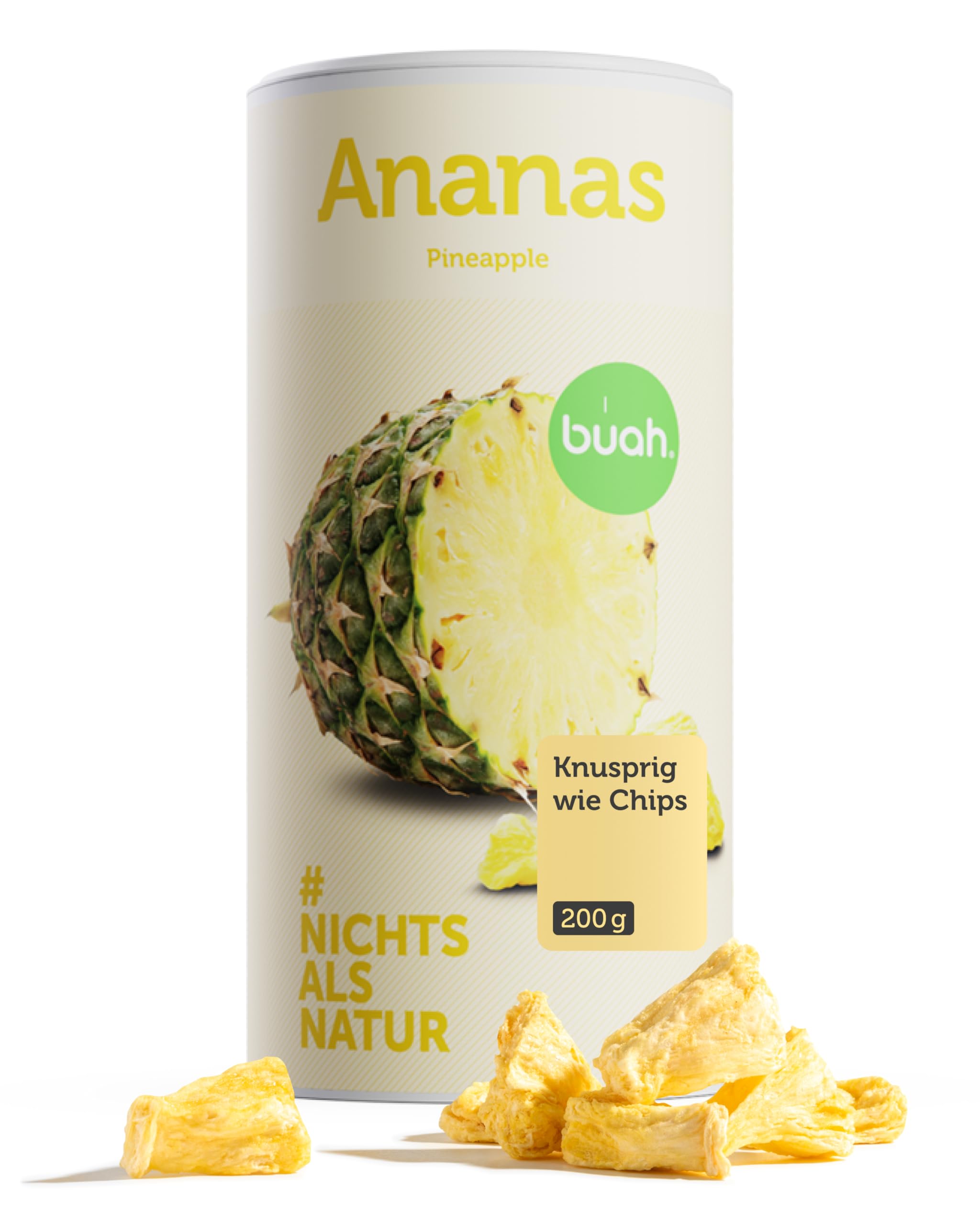 BUAH® Gefriergetrocknete Ananas | Ananas Chips als Snack oder für Müsli & Desserts | Idealer Süßigkeiten Ersatz | Vegan & ohne Zuckezusatz | 100% gefriergetrocknete Früchte | 200 g