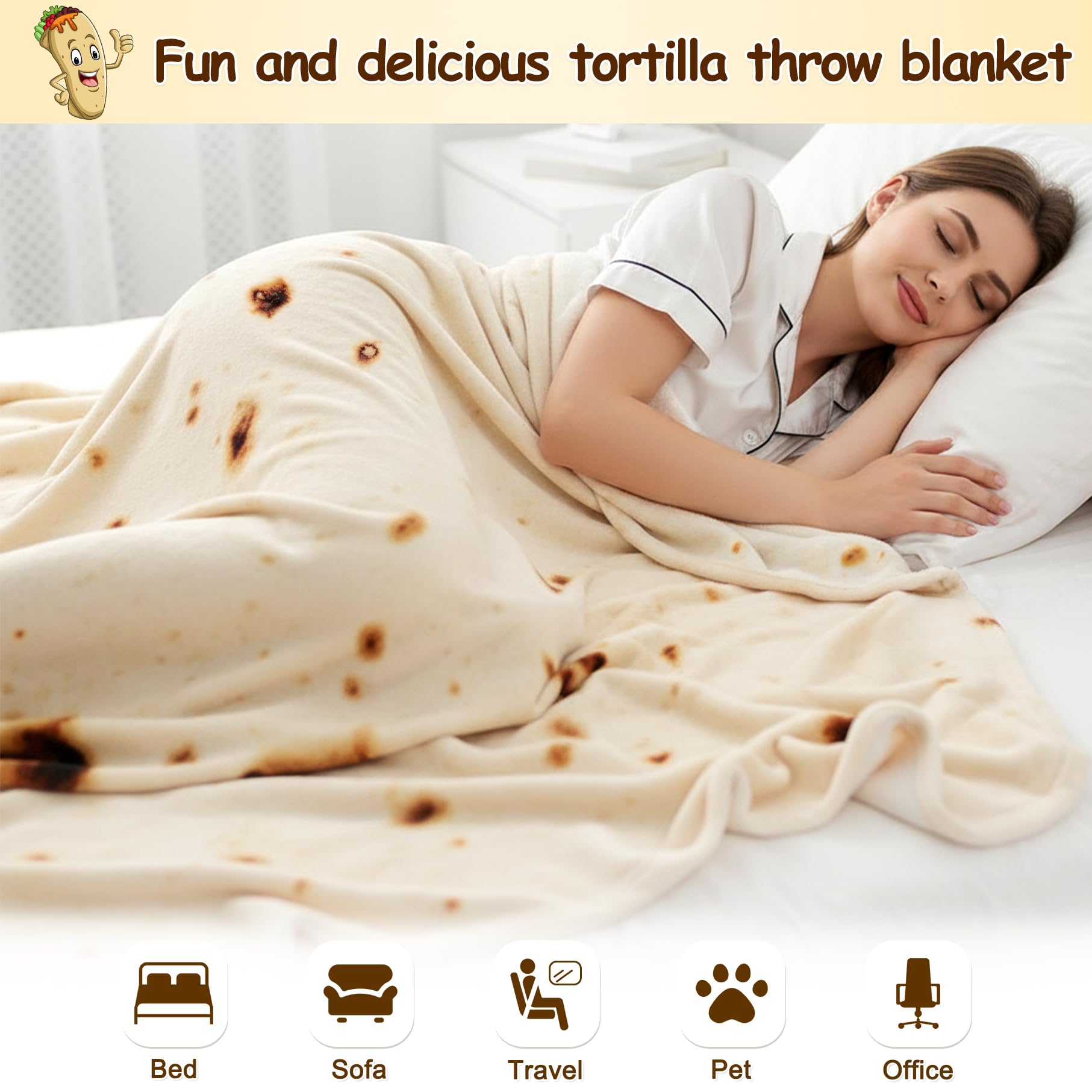 mermaker Burritos Tortilla koc 5 dwustronny 180 cm dla dorosłych i dzieci, ogromne śmieszne realistyczne jedzenie narzuty, 285 g/m² nowość miękki flanelowy koc taco (żółty koc-dwustronny)