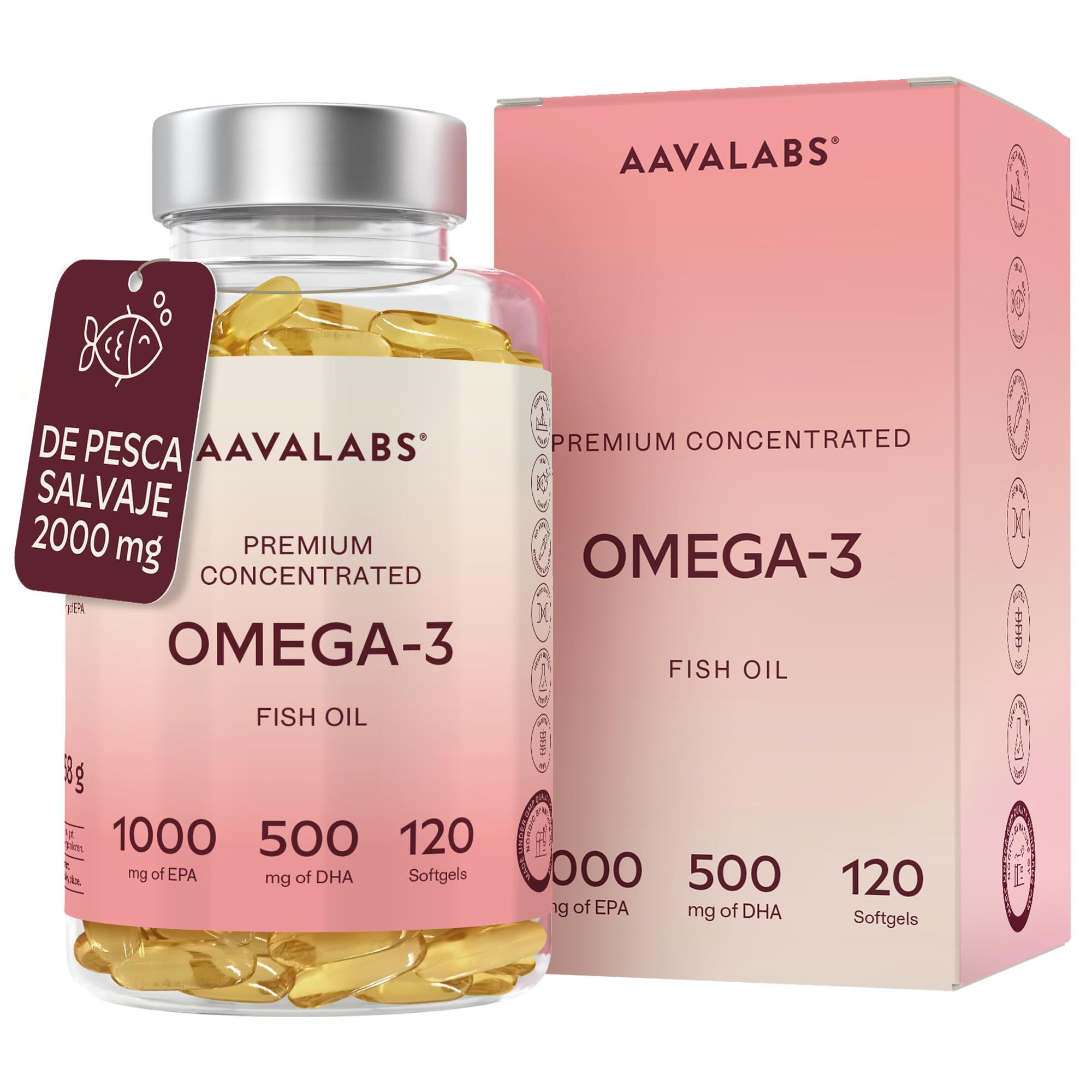 Aavalabs Omega 3 2000mg por dosis diaria (2 cápsulas) - 1000mg de EPA + 500mg de DHA por dosis diaria - Ácidos Grasos de Alta Potencia - Destilado Molecularmente - 120 Cápsulas - 60 días de suministro
