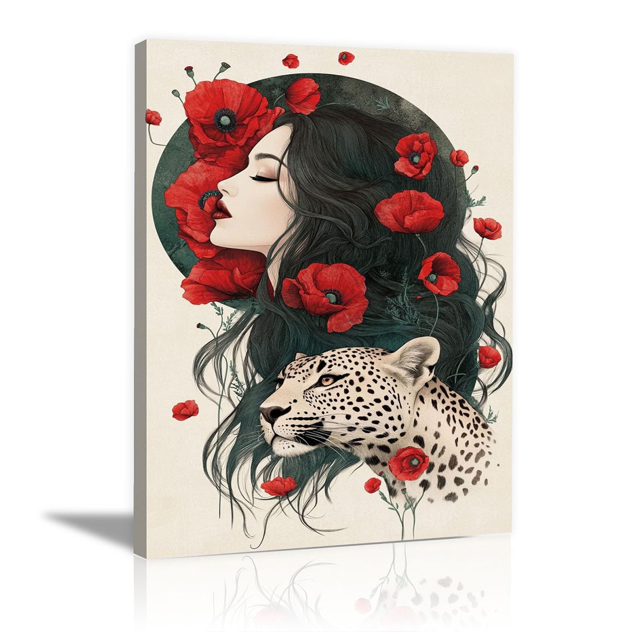 QUSAAOU Black Woman Canvas Wall Lady Red flowers Leopard Portrait Graffiti Canvas Art Posters Prints African Woman Modern Picture For Living Room Bedroom Office(White)-80x120cm1 Unframed