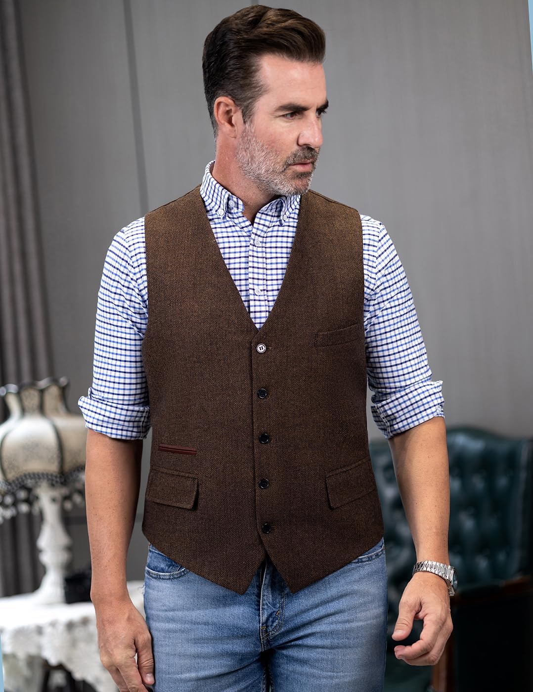 SOLOVEDRESS Mens Vintage Classic Herringbone Pattern Suit Vest V Neck Casual Wool Blend Waistcoat for Men - Image 3