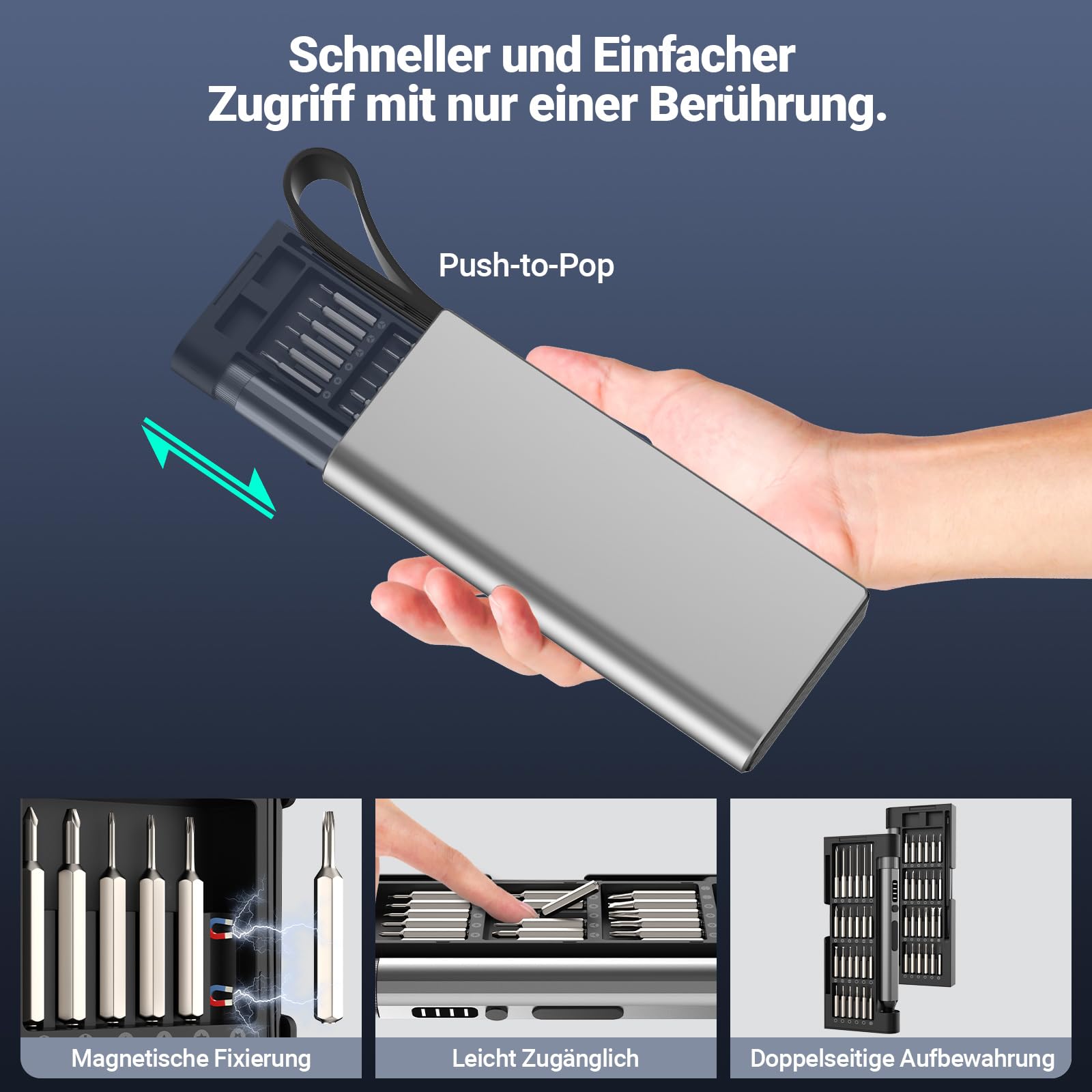 Elektrischer Präzisionsschraubendreher, Schraubendreher Set mit 48 S2 Bits | 48 S2-Bits · 4 Drehmomentstufen bis 0,35 N·m · Manuell bis 5 N·m · Magnetisches Push-to-Pop-Bitmagazin · USB-C