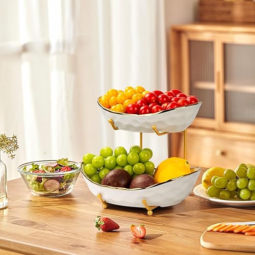 Miniatura 8 de Frutero para encimera de cocina, cesta de frutas de cerámica de dos niveles, soporte para frutas y verduras frescas, bandejas modernas para servir
