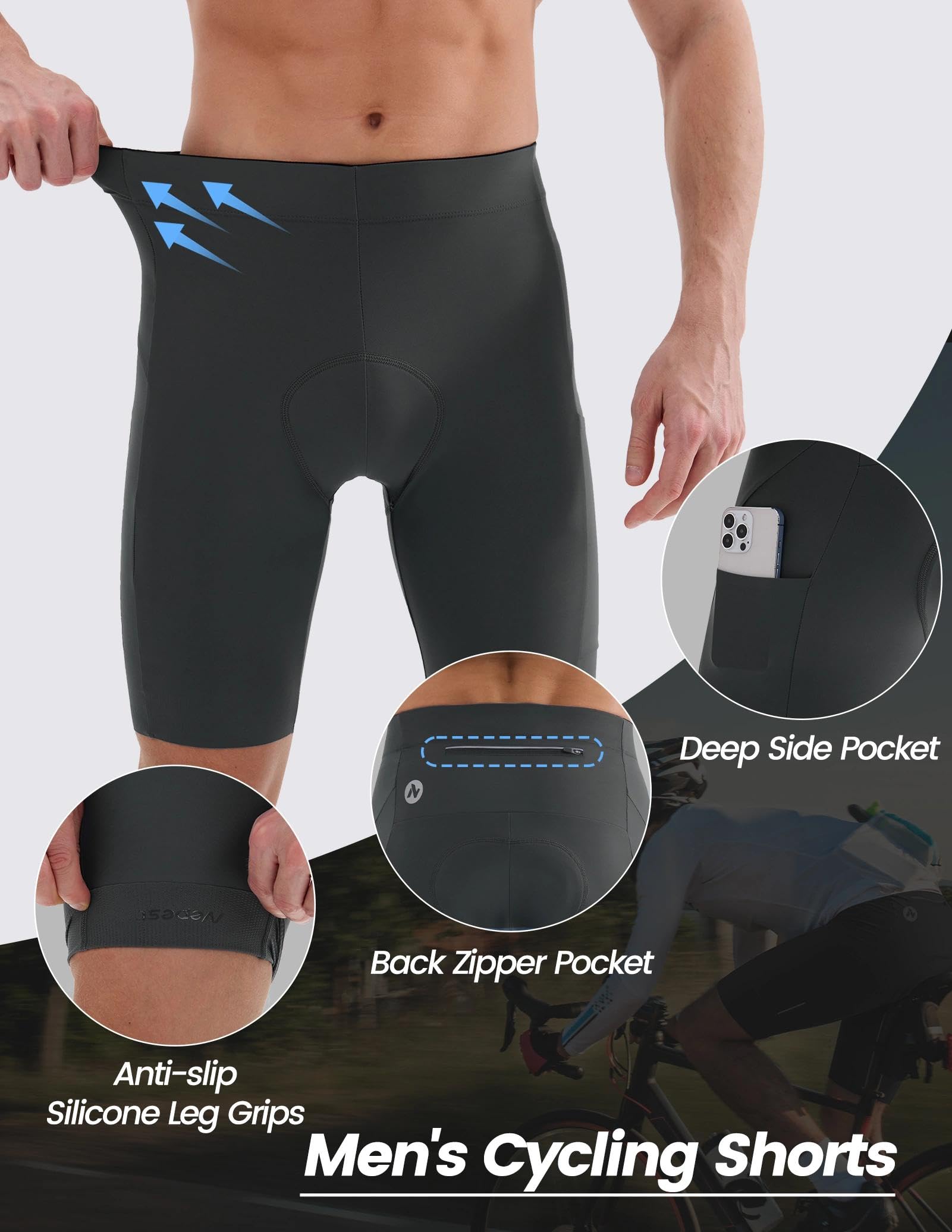 Nepest Pantaloncini da ciclismo da uomo, imbottiti, elasticizzati a 4 vie, UPF 50+ | Pantaloni da ciclismo da uomo con imbottitura, vita antiscivolo, tasche, riflettenti, traspiranti, pantaloncini da ciclismo