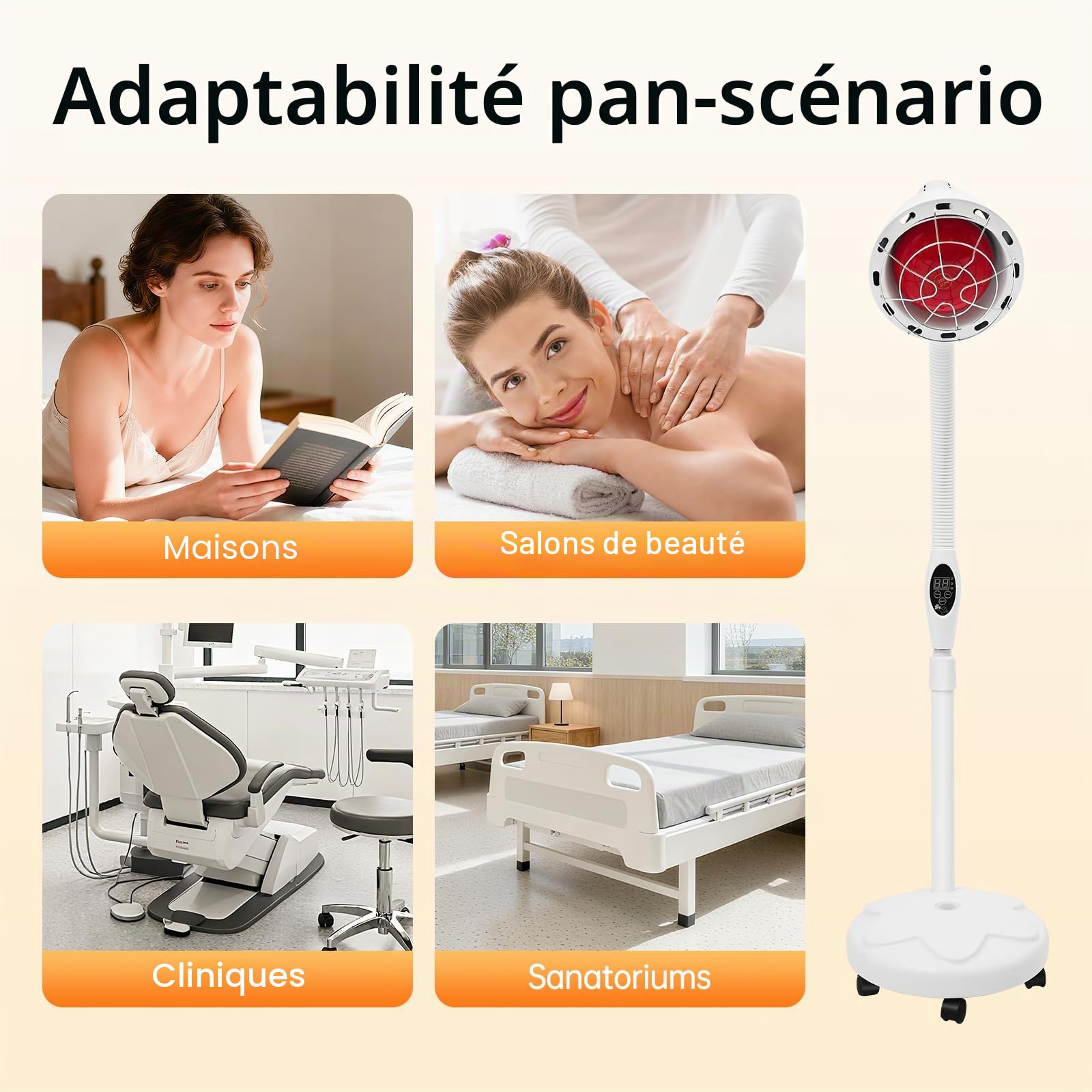 Lampe infrarouge 275 W - Lampe thérapeutique infrarouge - Support réglable à 360° - Avec roues - Pour salon de massage