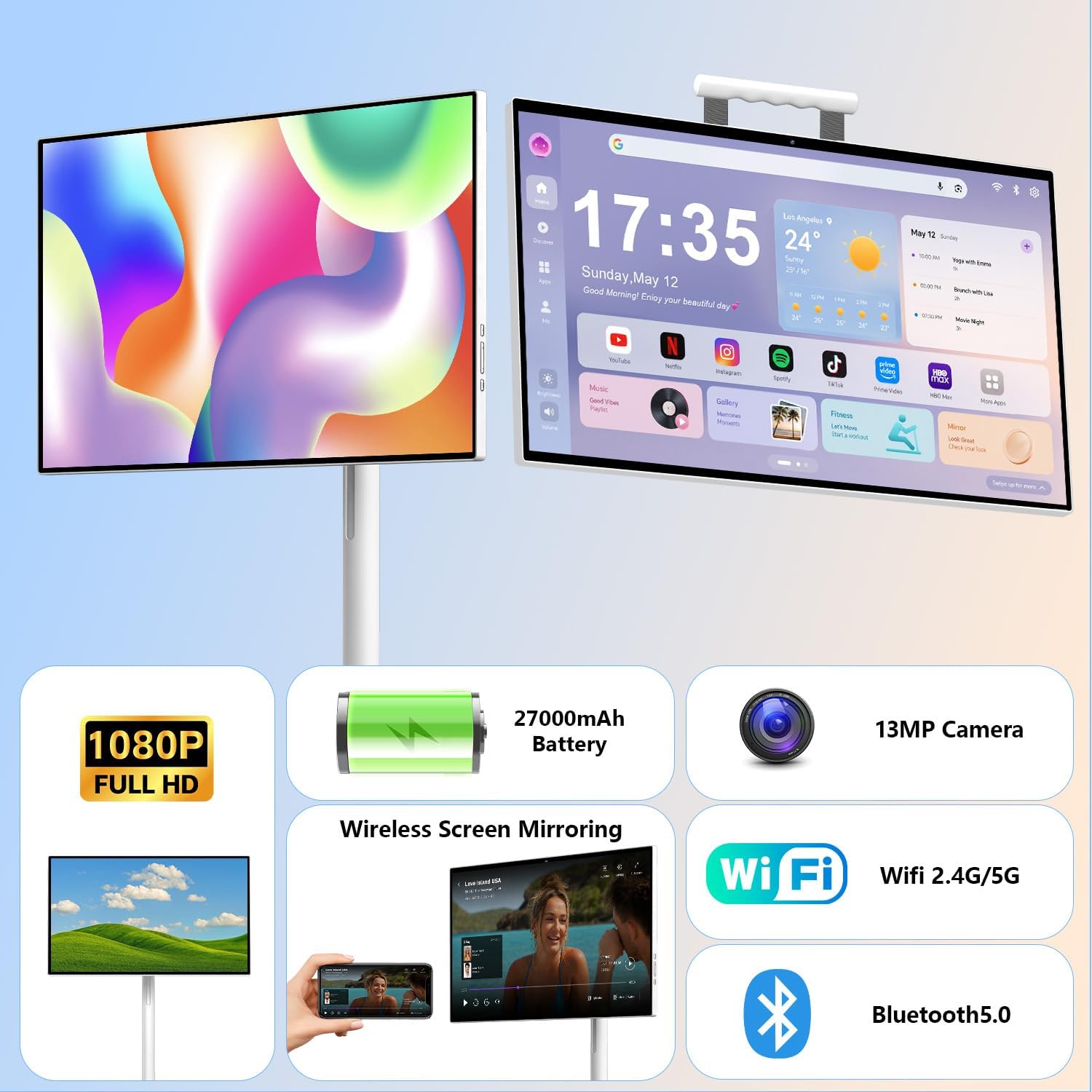 2 in 1 Portable TV,27 inch Portable Touch Screen TV,Stand and Desktop Modes
