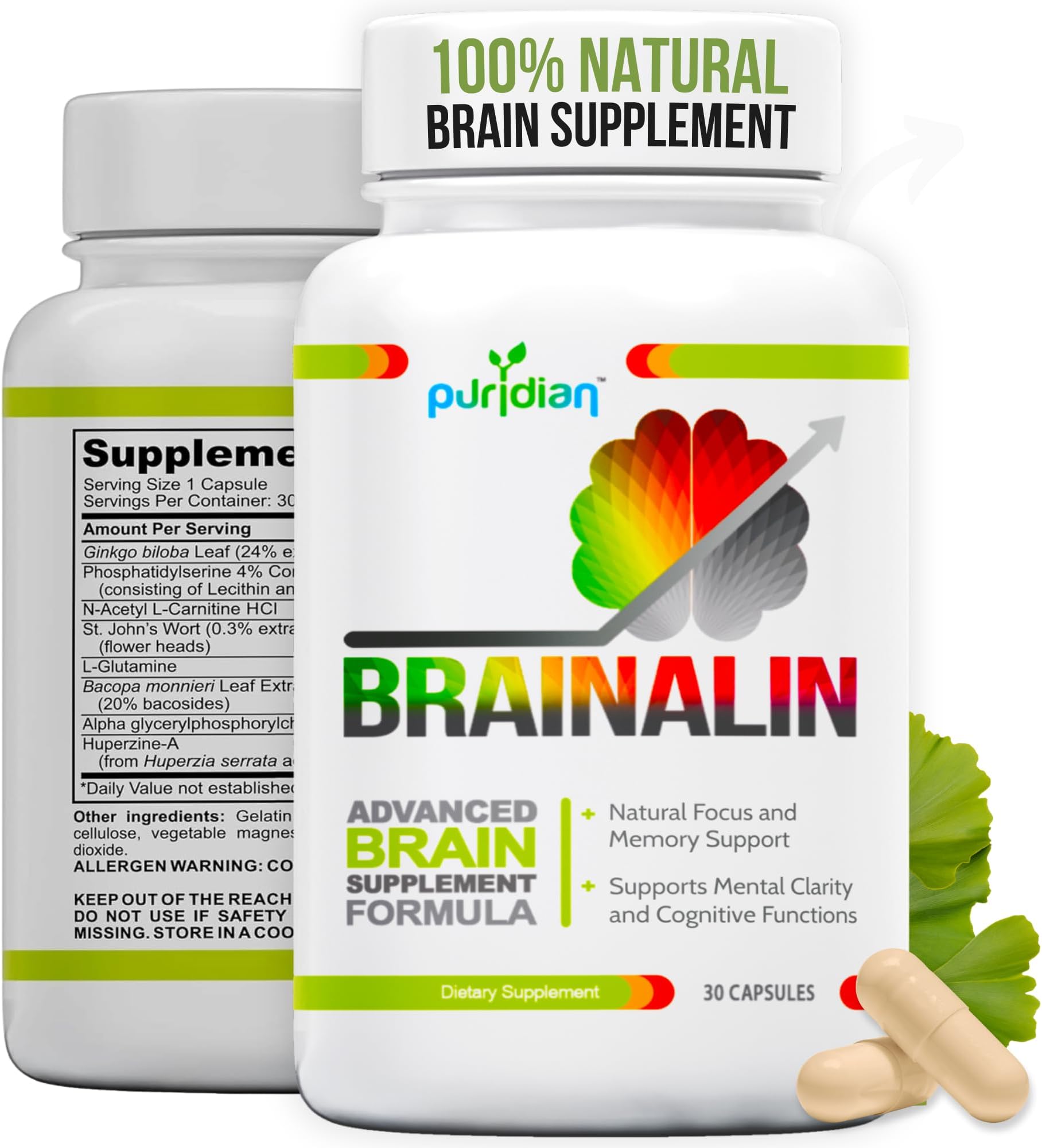 Brain Supplement for Memory Focus and Concentration | Brainalin Natural Nootropic Capsules | Vitaminas para El Cerebro y Memoria | Non-GMO, Caffeine-Free