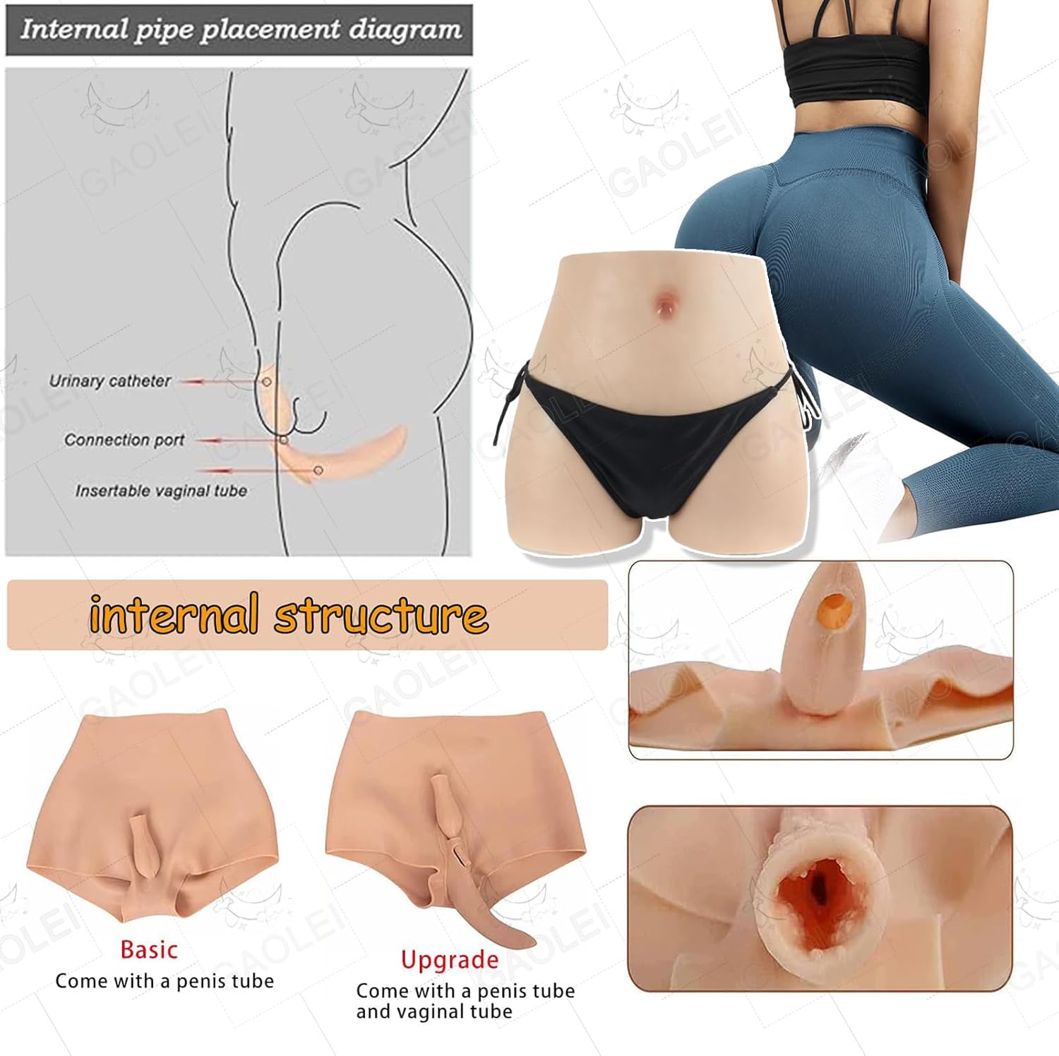 Silicone Fake Vagina Panties Men's Pluggable Boxer Briefs with Catheter Hip Enhancer Underwear for Transgender