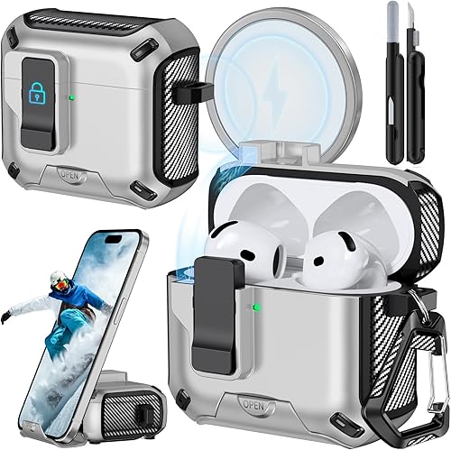Miniatura 39 de Funda para AirPods 4 (2024) con soporte para teléfono, con interruptor automático a presión, diseño de fibra de carbono, cubierta de protección para