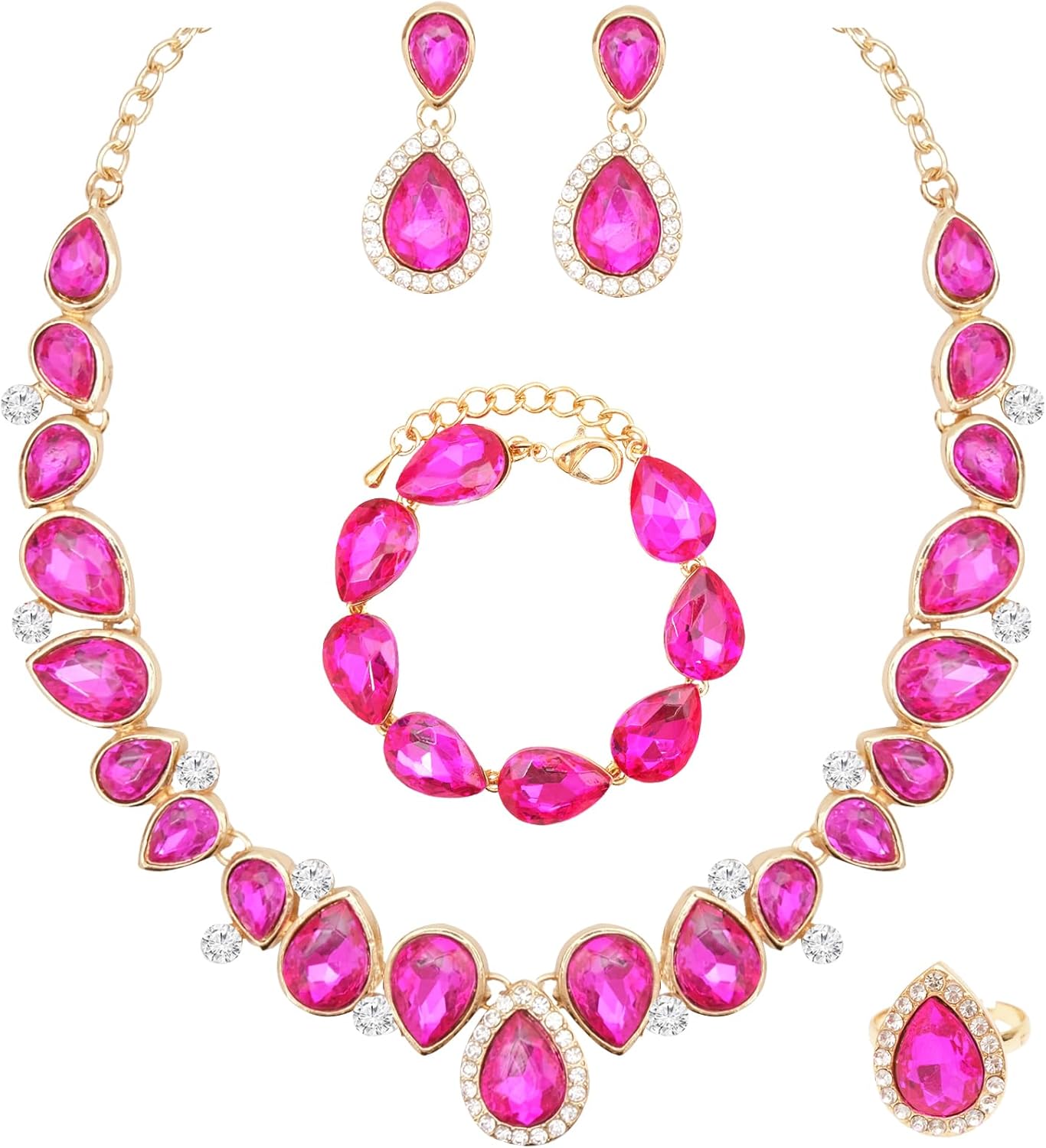 CSY Elegant Bridal Necklace Earrings Bracelet Ring Set for Bride Bridesmaid Tear Drop Crystal Wedding Prom Costume Jewelry Sets for Women