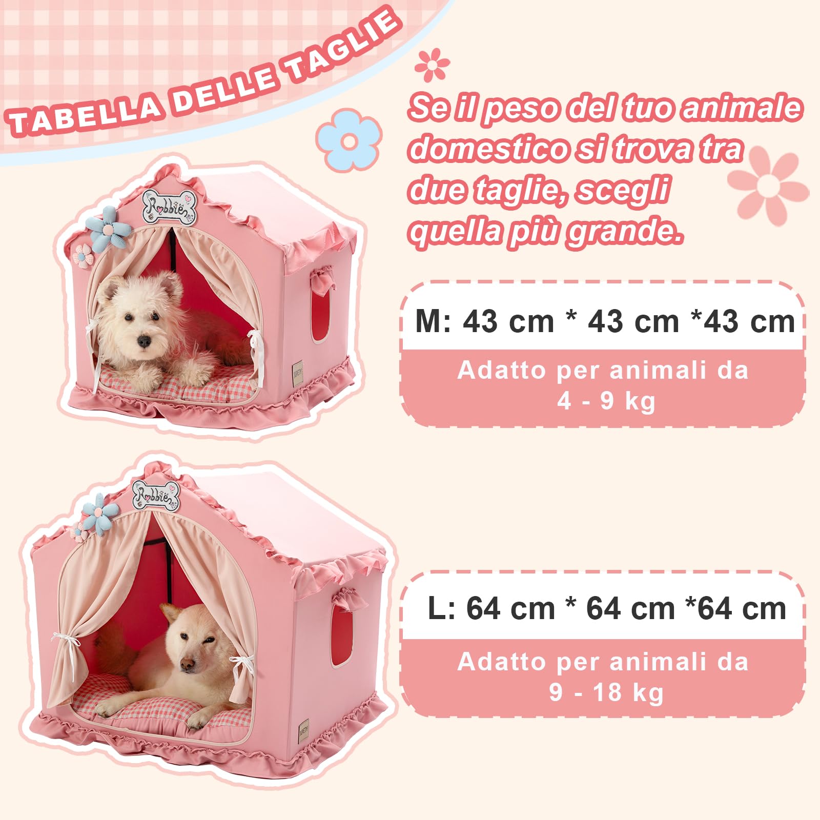 Jiupety Cuccia per cani con telaio, tenda per cani lavabile e pieghevole, casetta per cani per interni, lettino per cani ventilato con tetto per 4-9 kg, taglia M 43x43x43 cm, Rosa