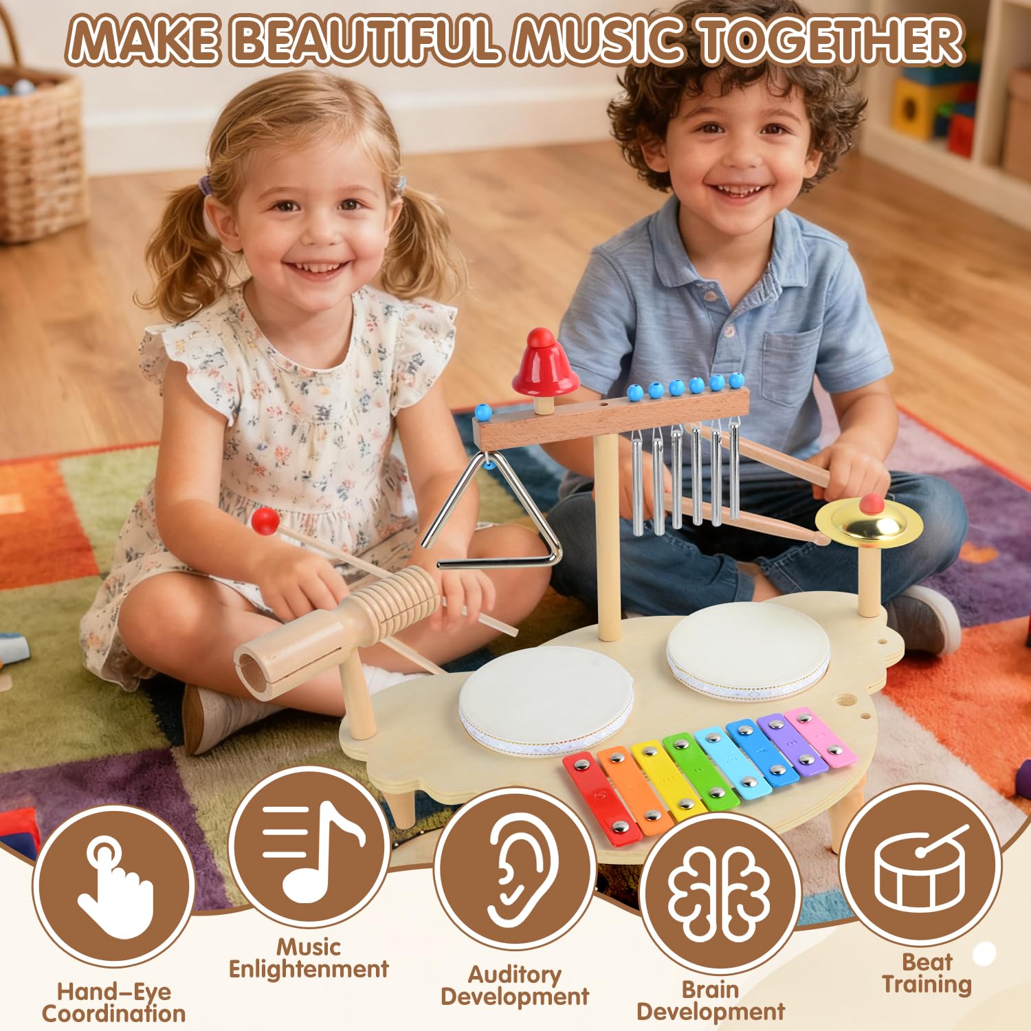 Tambor Infantil de Madera, 7 IN1 Batería Musical para Niños con Xilófono, Juguete Educativo Montessori, Instrumentos Musicales Juguetes de Madera Regalo para Bebé Niño Niña 2 3 4 5 Años