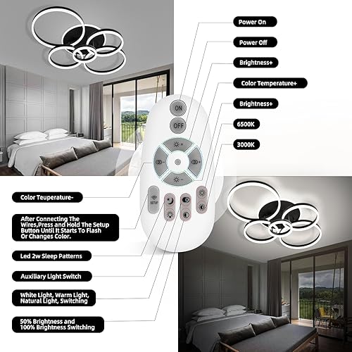 Miniatura 7 de Lámpara de Techo Moderna, 39.4'' Regulable 145W LED Negra Empotrada Luces de Techo con Control Remoto 5+1 Anillos Accesorio de Lámpara de Techo