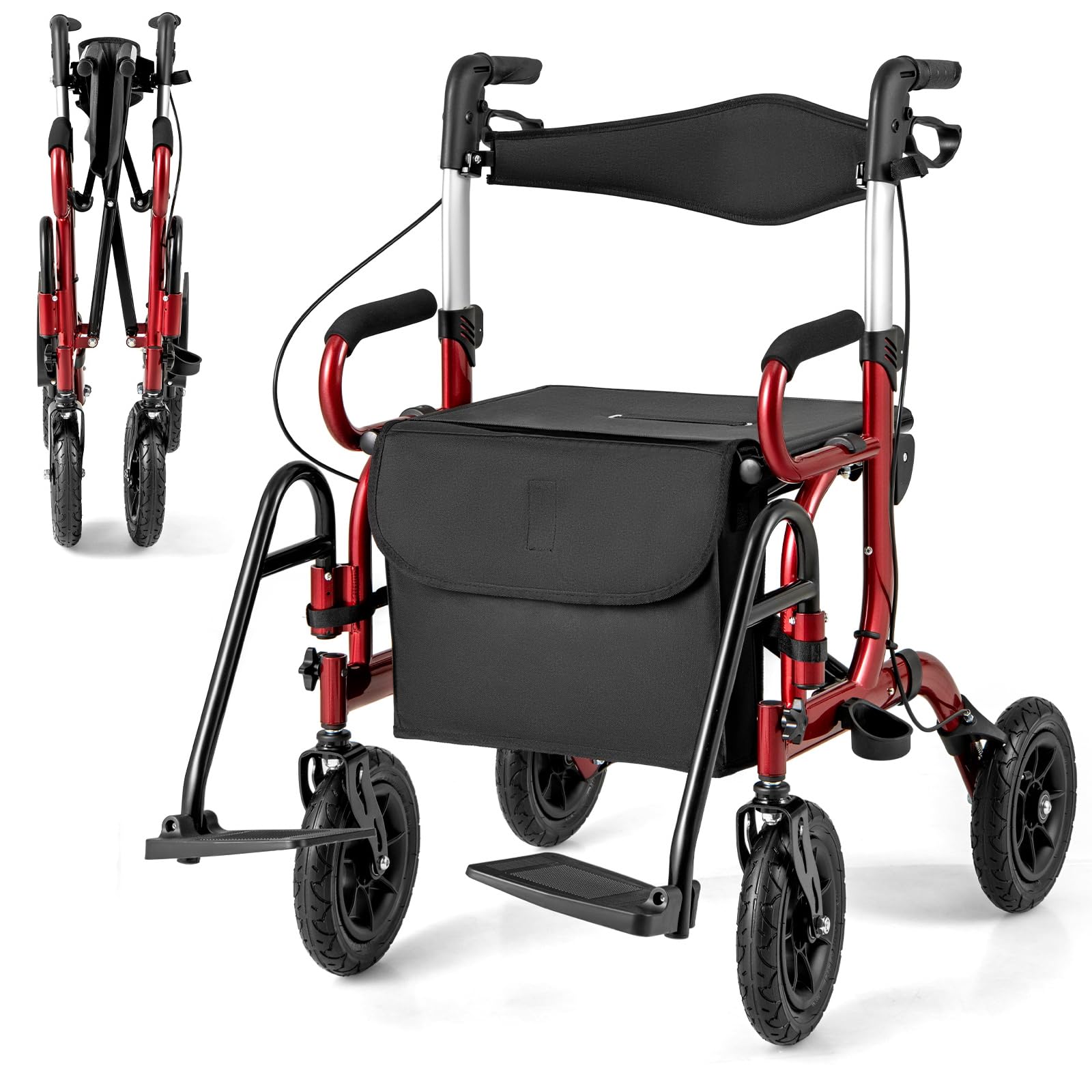GYMAX 2 in 1 Deambulatore, Sedia a Rotelle in Alluminio Leggero con Altezza Regolabile, Pneumatici Gonfiabili per Vari Terreni, Pieghevole per Anziani/Disabili (Rosso)