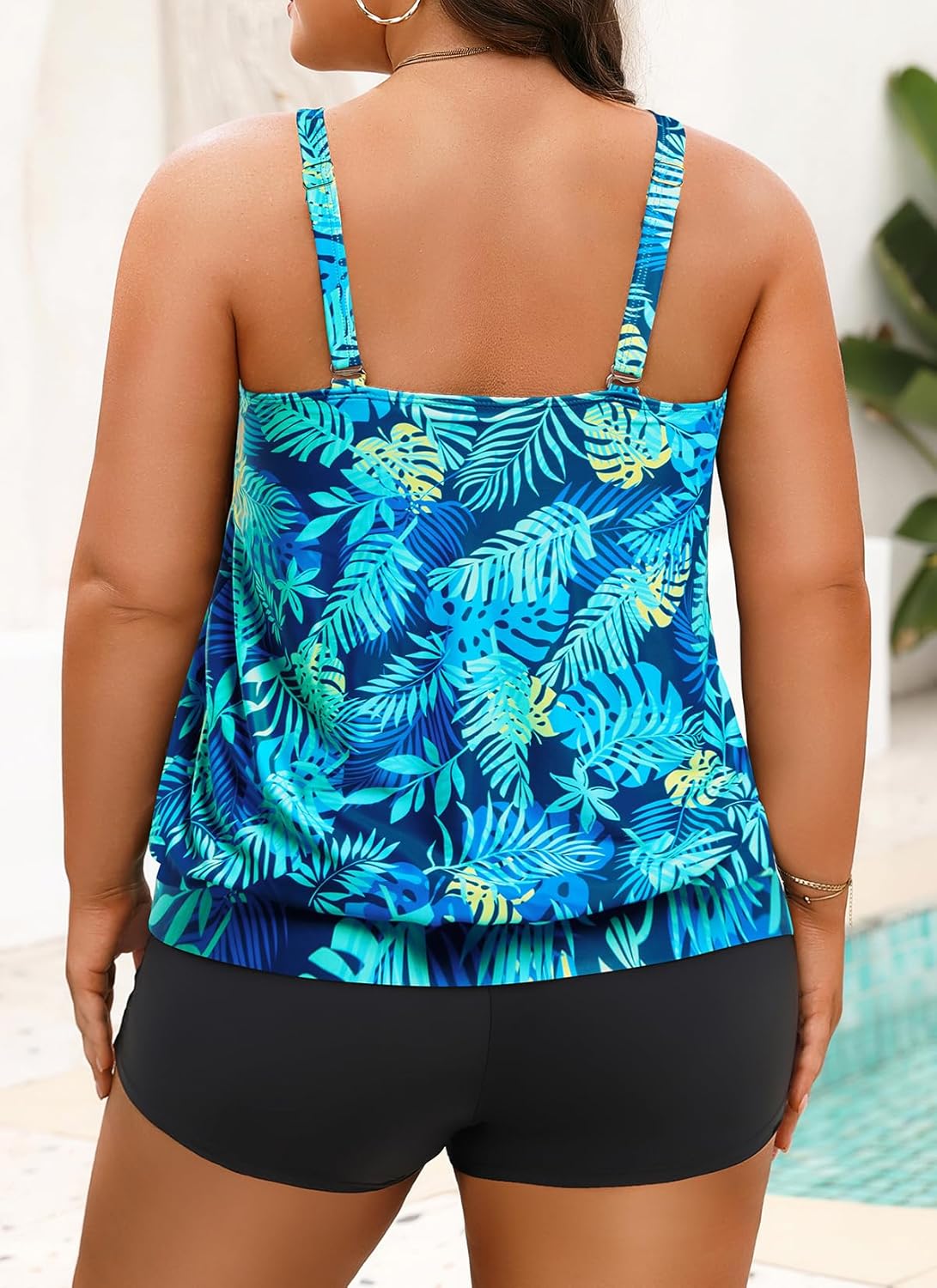 Yonique Plus Size Tankini Swimsuits for Women Blouson Tankini Tops with Swim Shorts Two Piece Bathing Suits