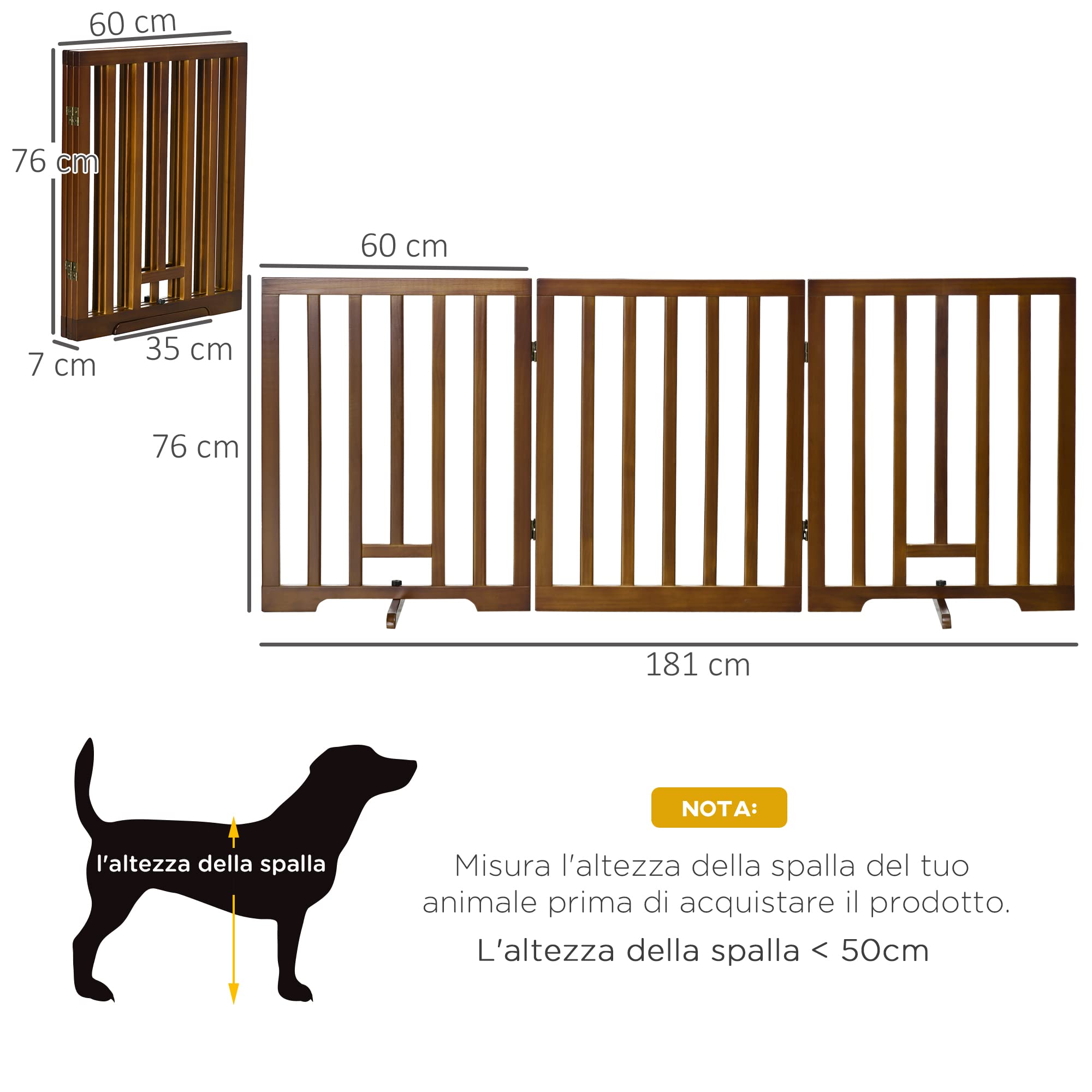 PawHut Cancellino per Cani Cancelletto 3 Pannelli 181x35x76cm Marrone Scuro | Pieghevole, Piedini Antiscivolo, per Corridoi Scale e Stanze, in Legno di Pino