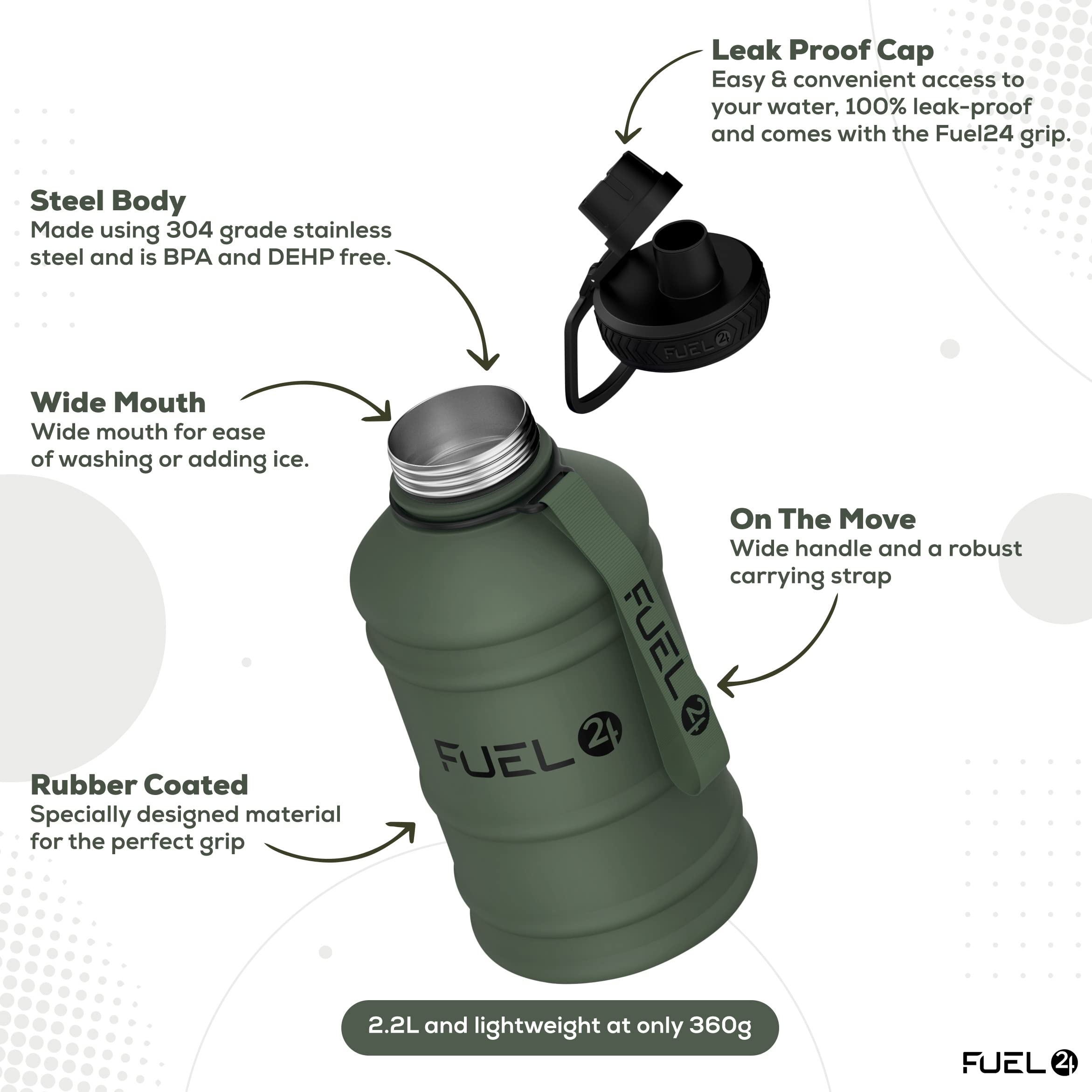 Fuel24 Jarra de acero inoxidable – Botella de agua de 1.3 o 2.2 litros – Extra fuerte, libre de BPA, 2.2 L, botella de metal – Opciones de color
