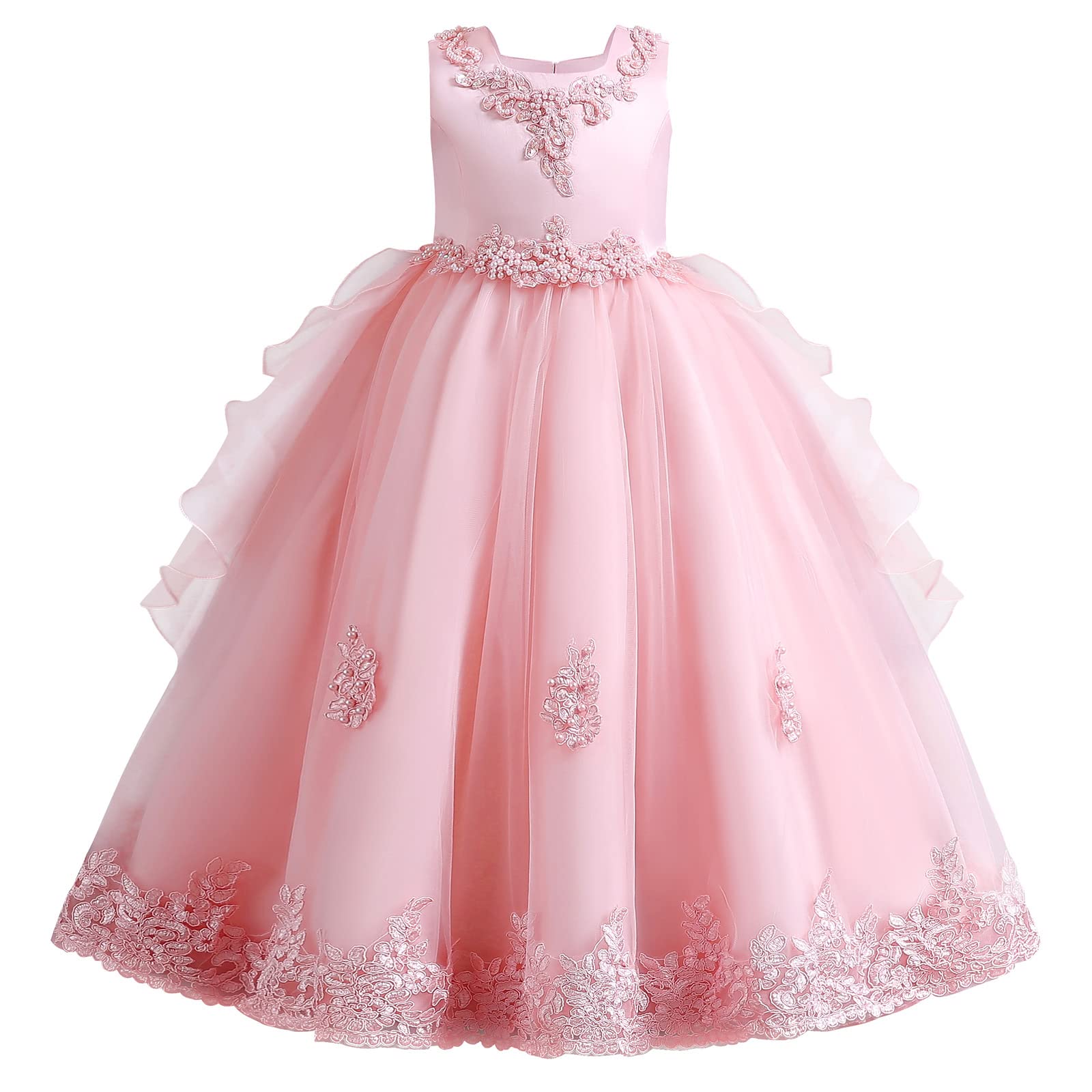 Odizli Blumenmädchenkleider Kinder Mädchen Abendkleid Ärmellose Perle Bowknot Prinzessin Tüllkleid Festliche Hochzeit Brautjungfern Erstkommunion Geburtstag Party Lang Prom Ballkleid