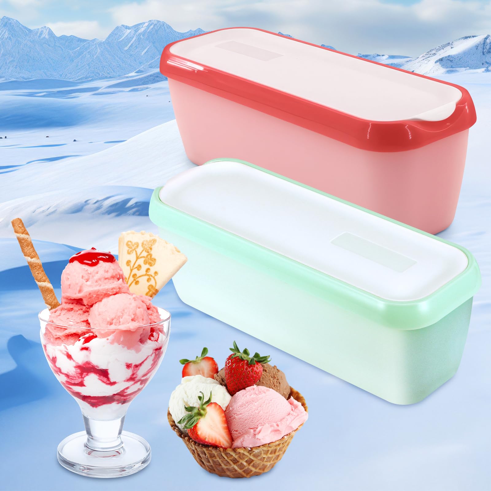 Lot de 2 bac a glace maison, 1,5 L boîte pour glace maison, Récipients Réutilisables pour la Crème Glacée faite Maison, Sans BPA en qualité alimentaire (vert+rouge clair)