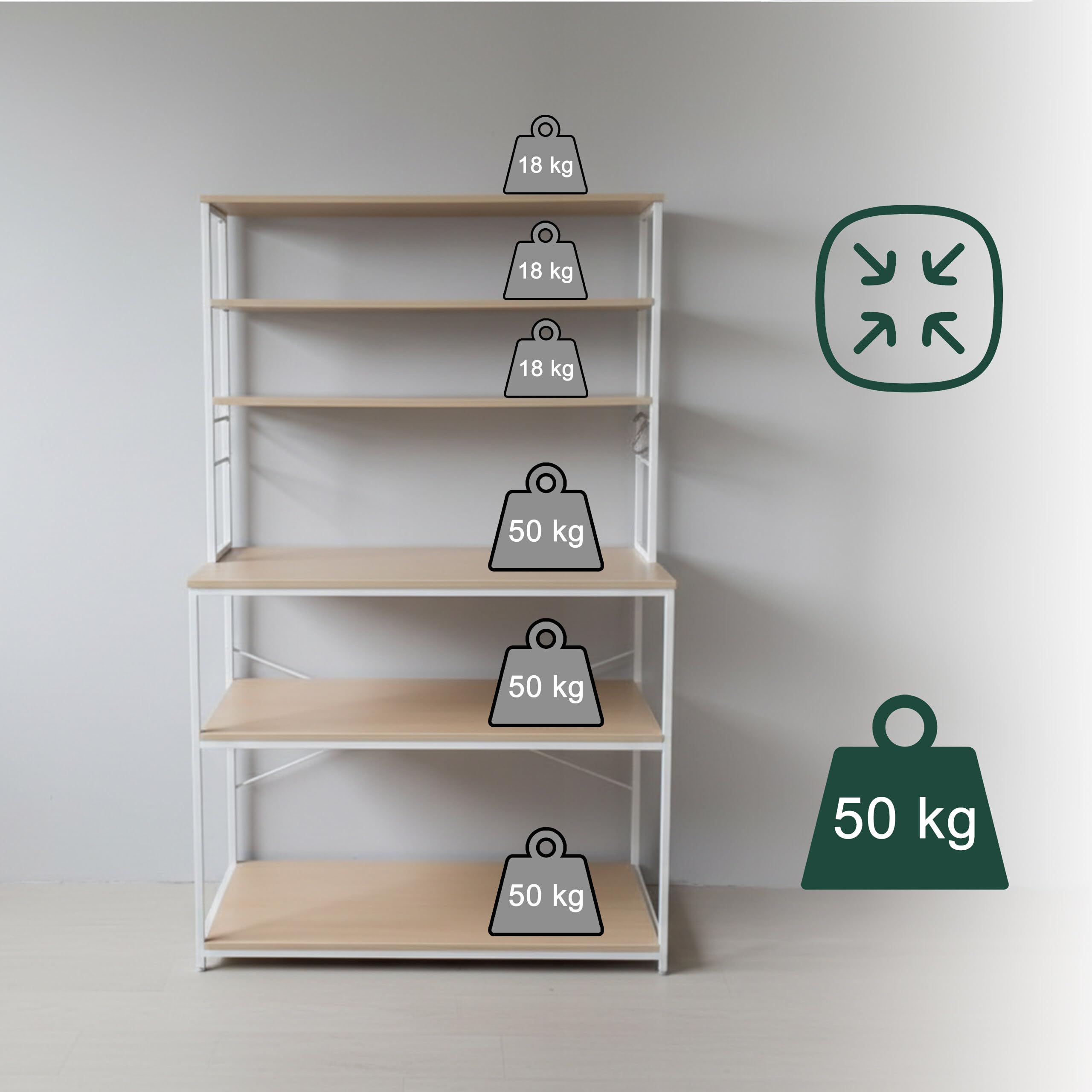 Relaxdays Estantería de Cocina con 6 baldas, encimera, 167×100×40 cm, para microondas, Natural/Blanco