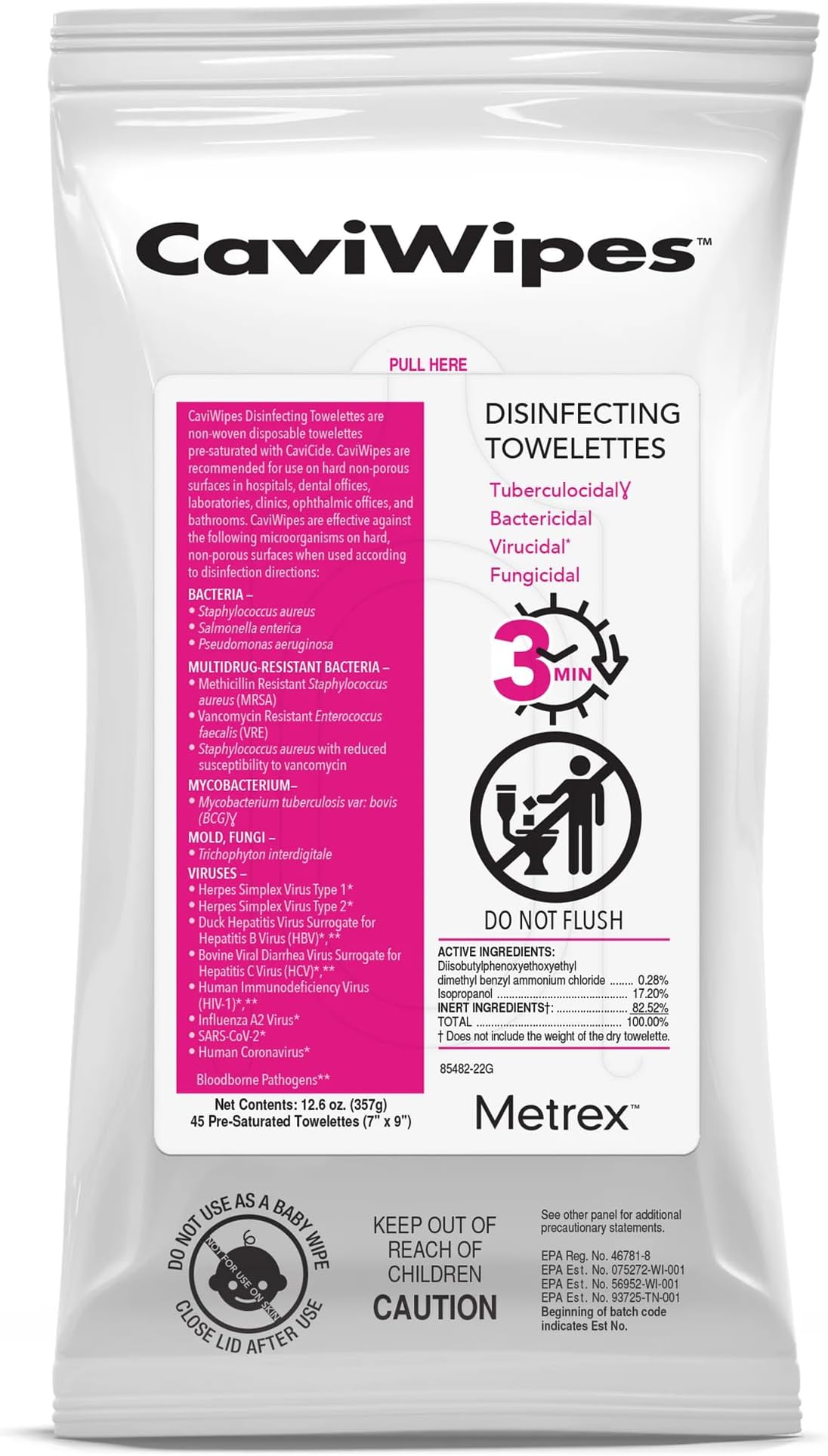 13-1224 CaviWipes Surface Disinfectant Wipe, 2.75" Width, 3.5" Length (Pack of 45)