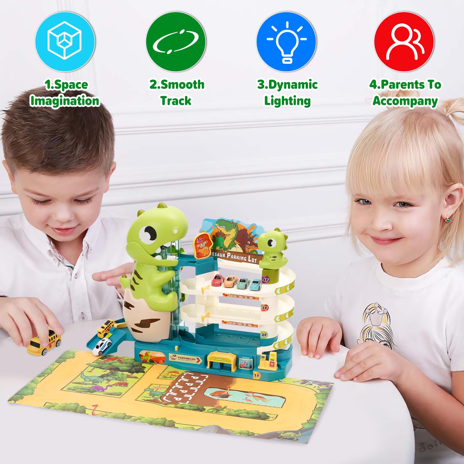 Dinosaurier Auto Garagen Spielset für Kinder 2 IN 1 Rennbahn Spielzeug und Auto Parkhaus für Kinder mit Licht und 6 Autos Geschenke Spielzeug für 2 3 4 5 Jahre