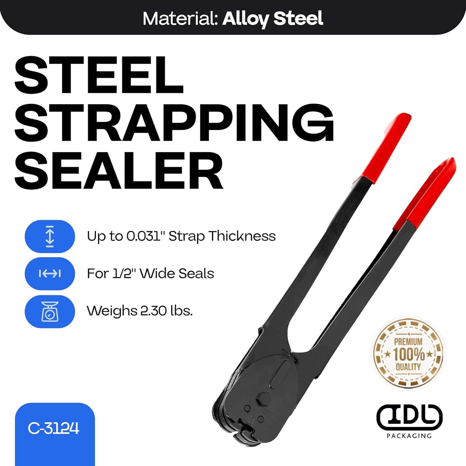 IDL Packaging C-3124 Double-Notched Front-Action Sealer/Crimper for 1/2" Steel Strapping - Durable Tool with Long Handle - Good for Horizontal and Vertical Operation - Heat-Treated Wearing Steel Parts