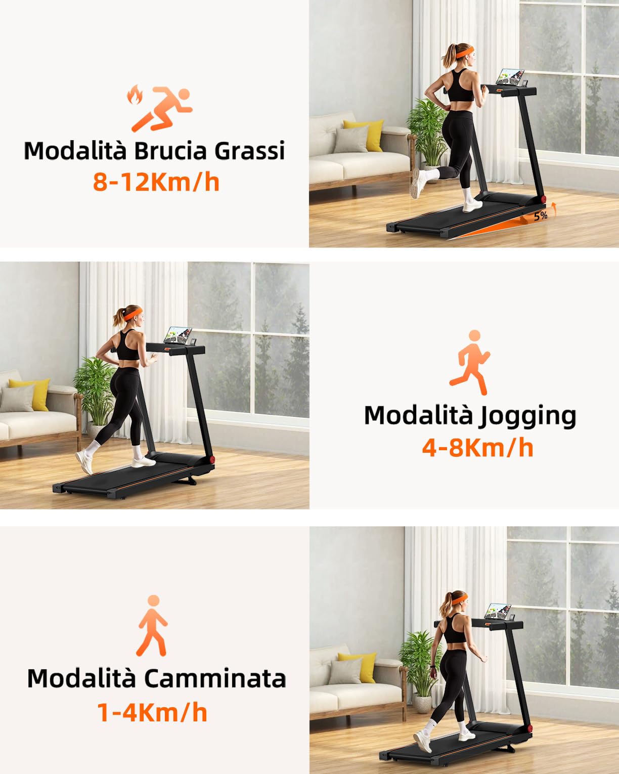 Superun Tapis Roulant Pieghevole, Motore 3,0 CV, Inclinazione 5%, Velocità 12 km/h, Area Corsa 100×42 cm, Portata 136 kg, Controllo APP, Programmi HIIT e MIIT per Uso Domestico