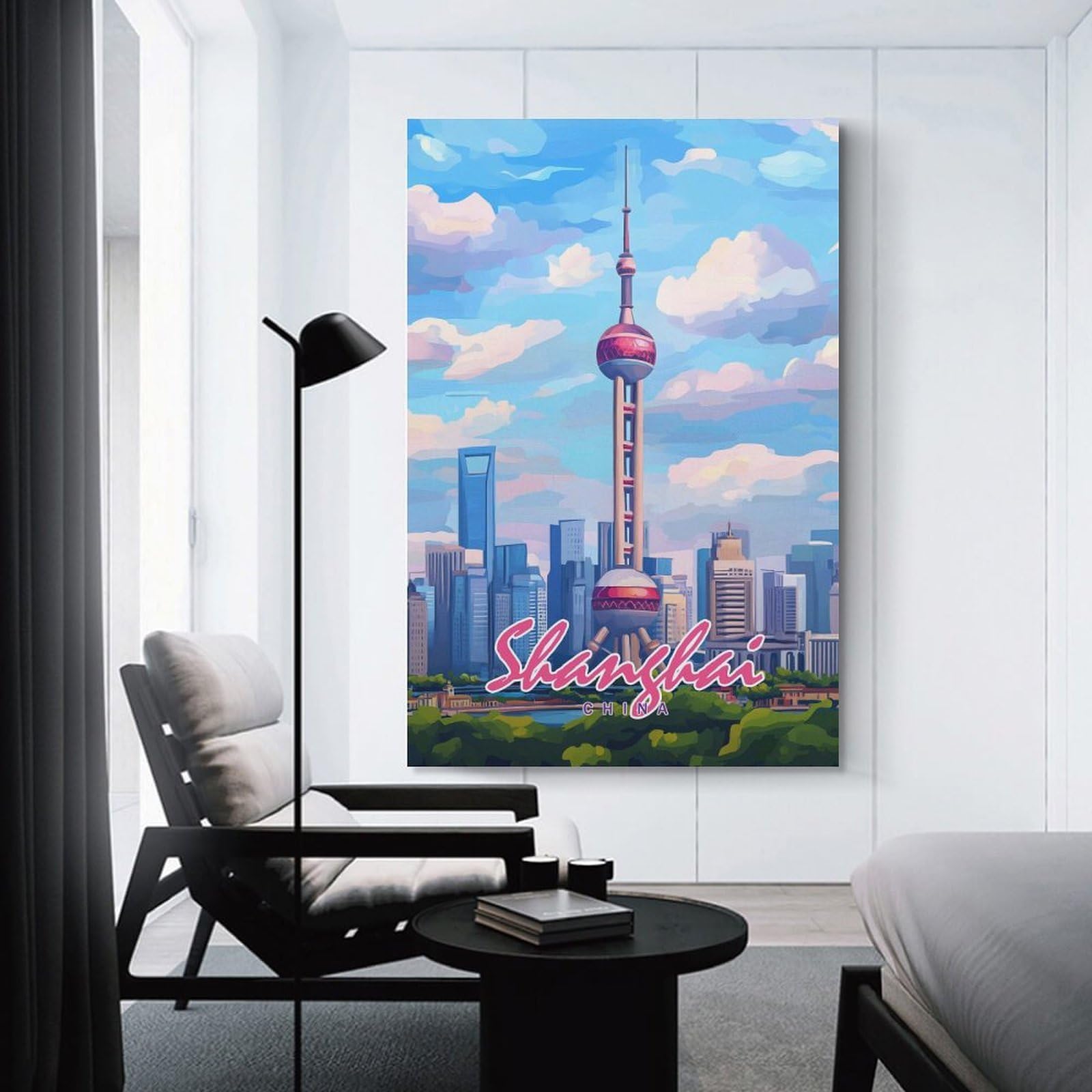 Junmoney Canvas Art Print Shanghai Skyline, 24x36inch(60x90cm), for New Homes, Bedrooms Or Workspaces, Thoughtful Wall Decor for Art Lovers