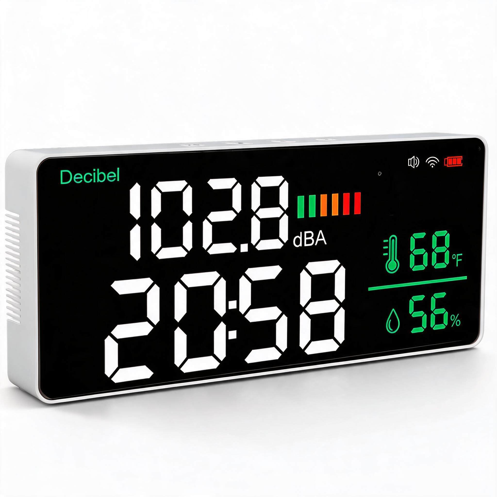 Medidor de Decibelios Lector de Nivel de Sonido 4 en 1, Medidor de Decibelios Medidor de Nivel de Sonido para Colgar en la Pared Alta Precisión Carga Fácil, Medidor de Decibelios