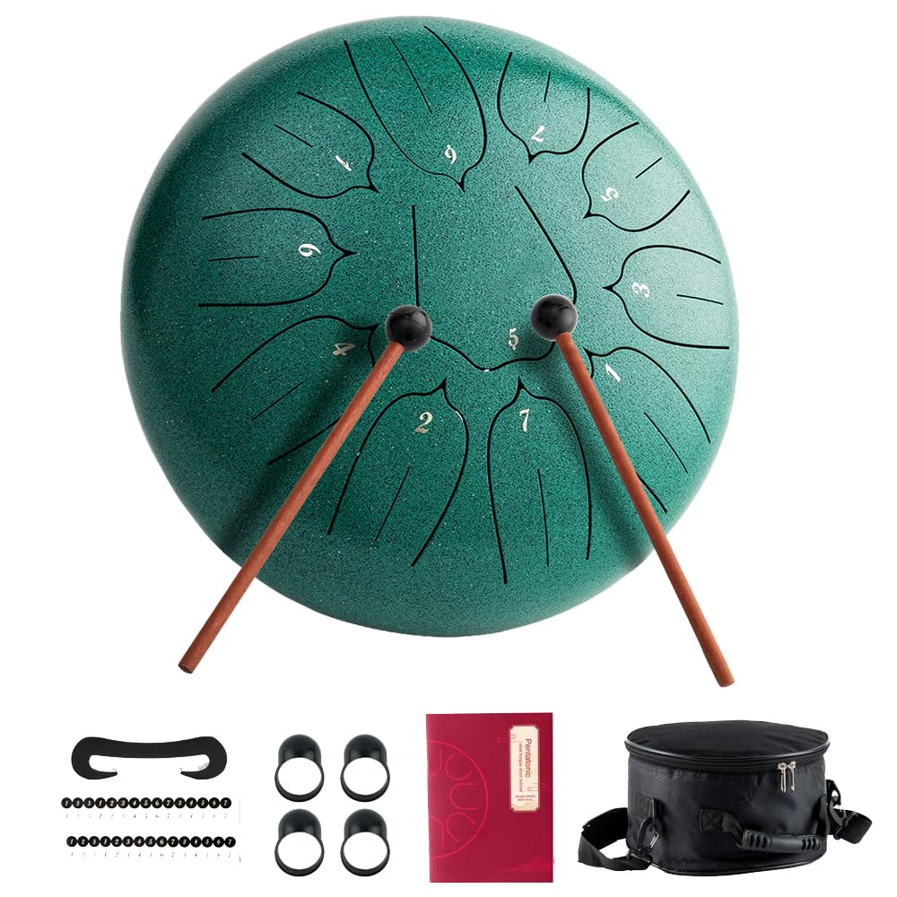 Javik - Tamburo per lingua in acciaio, 25,4 cm, 11 note, chiave a D, strumento a percussione, tamburo da meditazione con custodia, 2 bacchette, plettri per dita per adulti e bambini (verde)