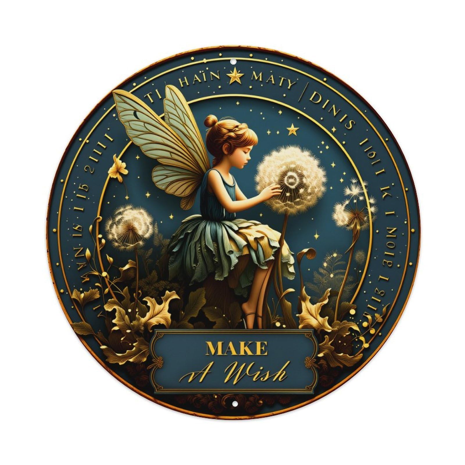 Wmlzdnwr Vintage Fairy With Dandelion Wish Making Magic Night Sky Round Tin Sign,Retro Wall Art,Metal Poster For Home, Bar, Garage, Cafe, Rustic Indoor & Outdoor Decor, 8X8 Inches