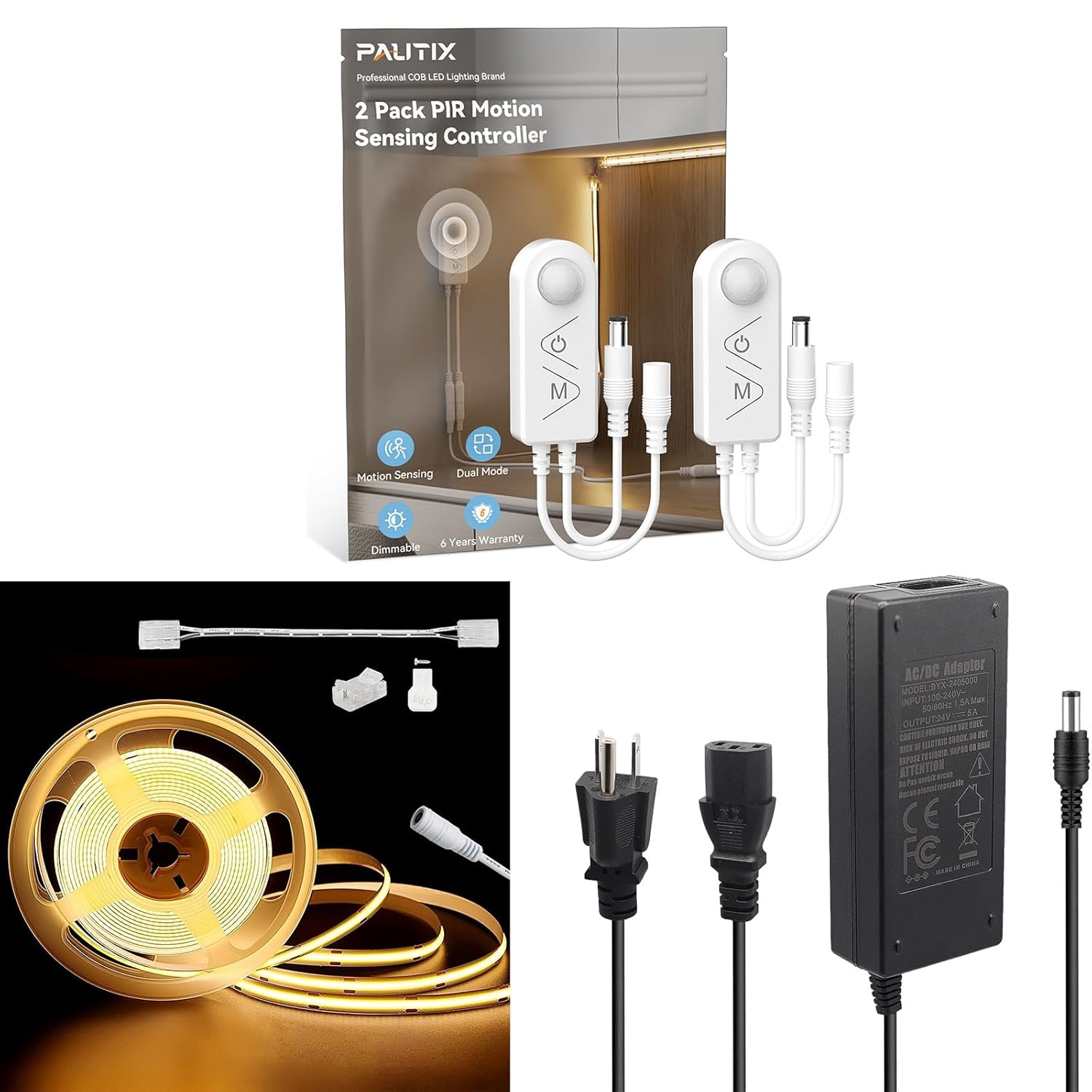 PAUTIX Motion Sensor PIR Motion Activated Sensor Light Switch LED Controller Dimmer,6.1M 3000K COB LED Strip Light,24V 120W Power Supply