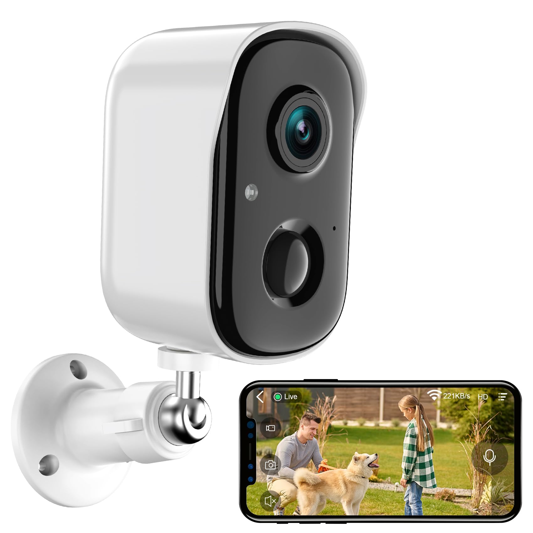Cámara de Vigilancia Exterior/Interior WiFi - 2K HD, Visión Nocturna, con Batería, Detección de Personas/Vehiculos/Mascotas, Alarma con Luz y Sonido, IP65, Compatible con MicroSD 128GB y Cloud
