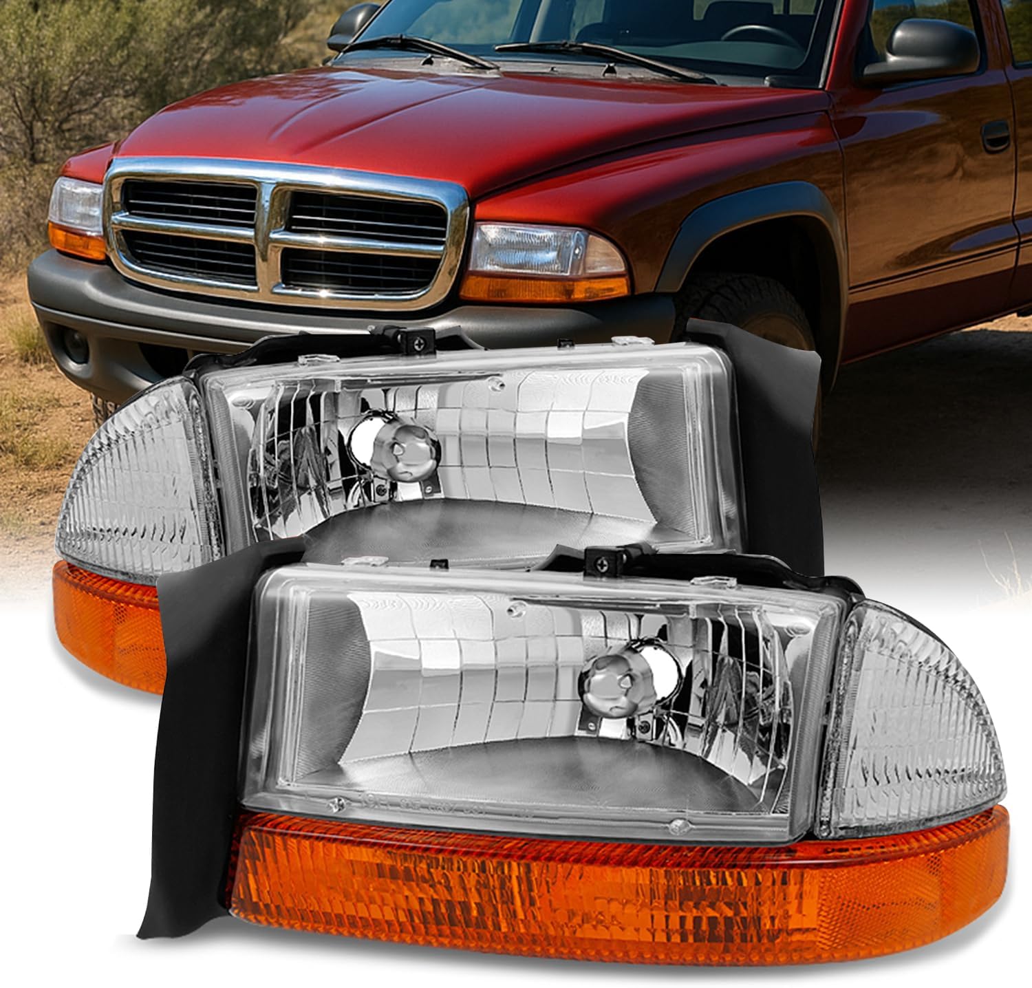 AKKON - Fits 1997-2004 Dodge Dakota | 98-03 Durango Chrome Driver Left + Passenger Right Side Headlights +Signal Lamp Pair Set