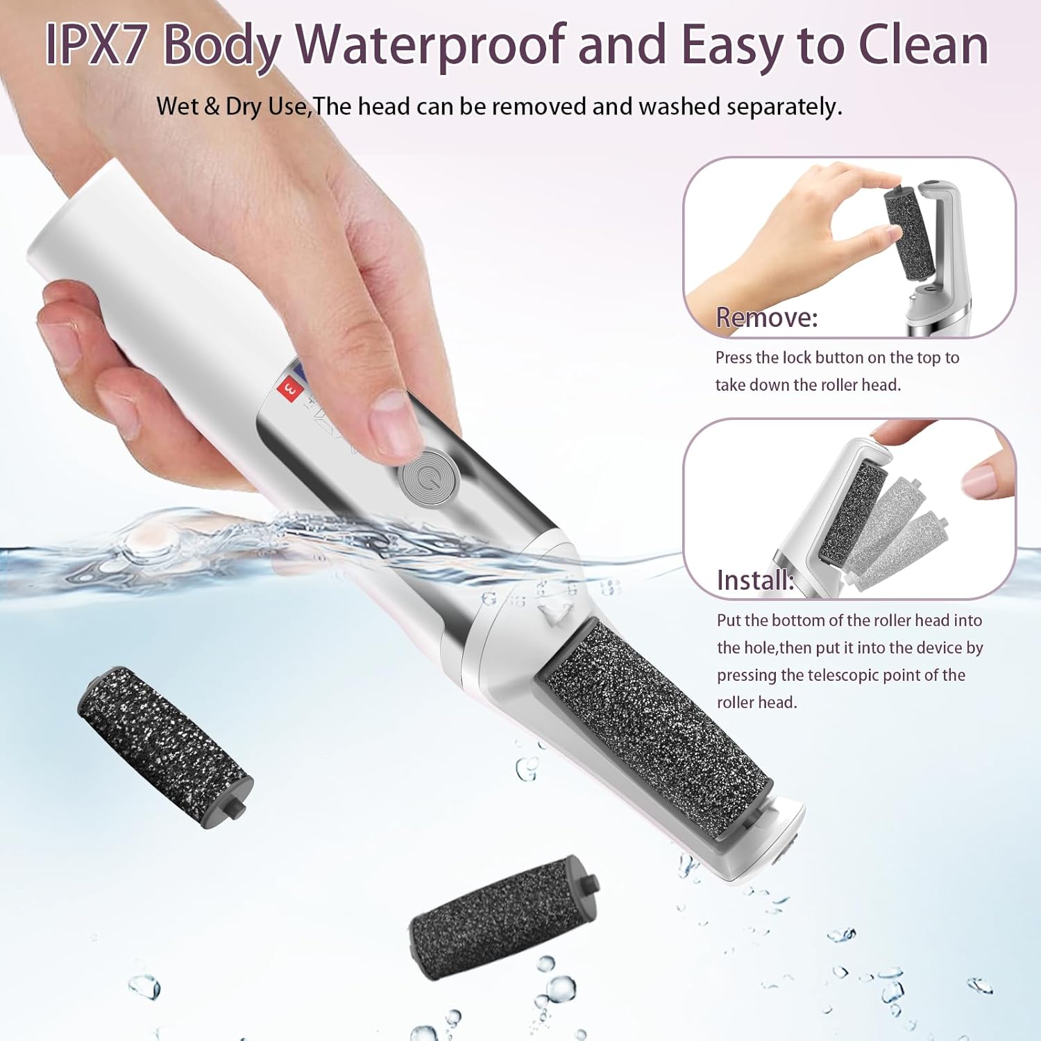 Electric Foot Callus Remover, Rechargeable Electronic Foot File Foot Scrubber Pedicure Kits, Professional Pedicure Tools Smooth Pedicure Wand, Foot Care for Dead Skin Ideal Gift, 3 Rollers,3 Speeds - Image 6