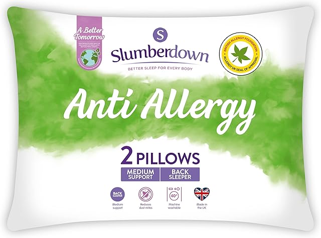 Slumberdown Anti Allergy Pillows 2 Pack Medium Support Bed Pillows Designed for Back and Side Sleepers Bed Pillows