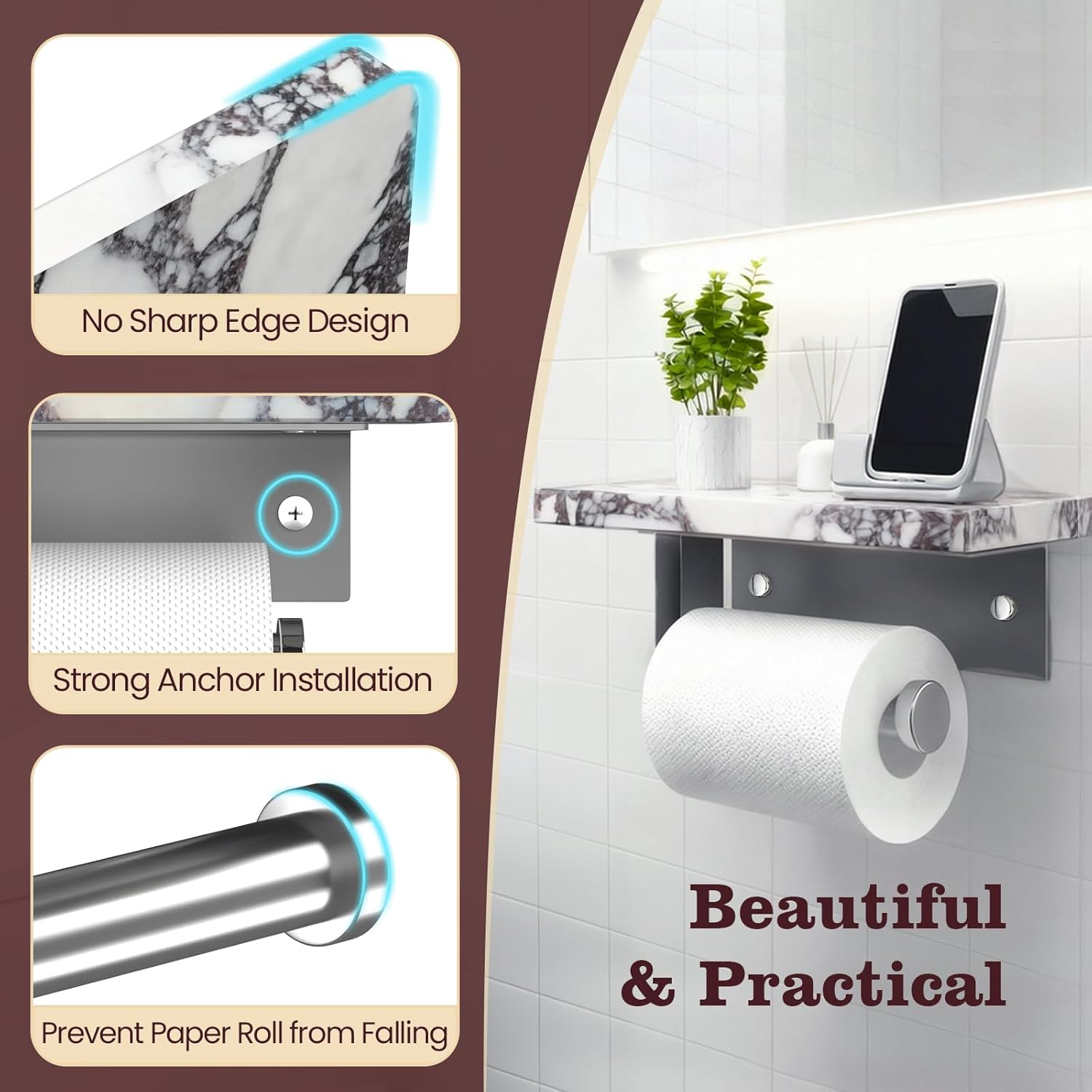 Marble Toilet Paper Holder with Shelf, 304 Stainless Steel Wall Mounted Toilet Roll Holder, Tissue Holder for Bathroom, Washroom, RV, Premium Marble Bathroom Accessories for Modern Decor