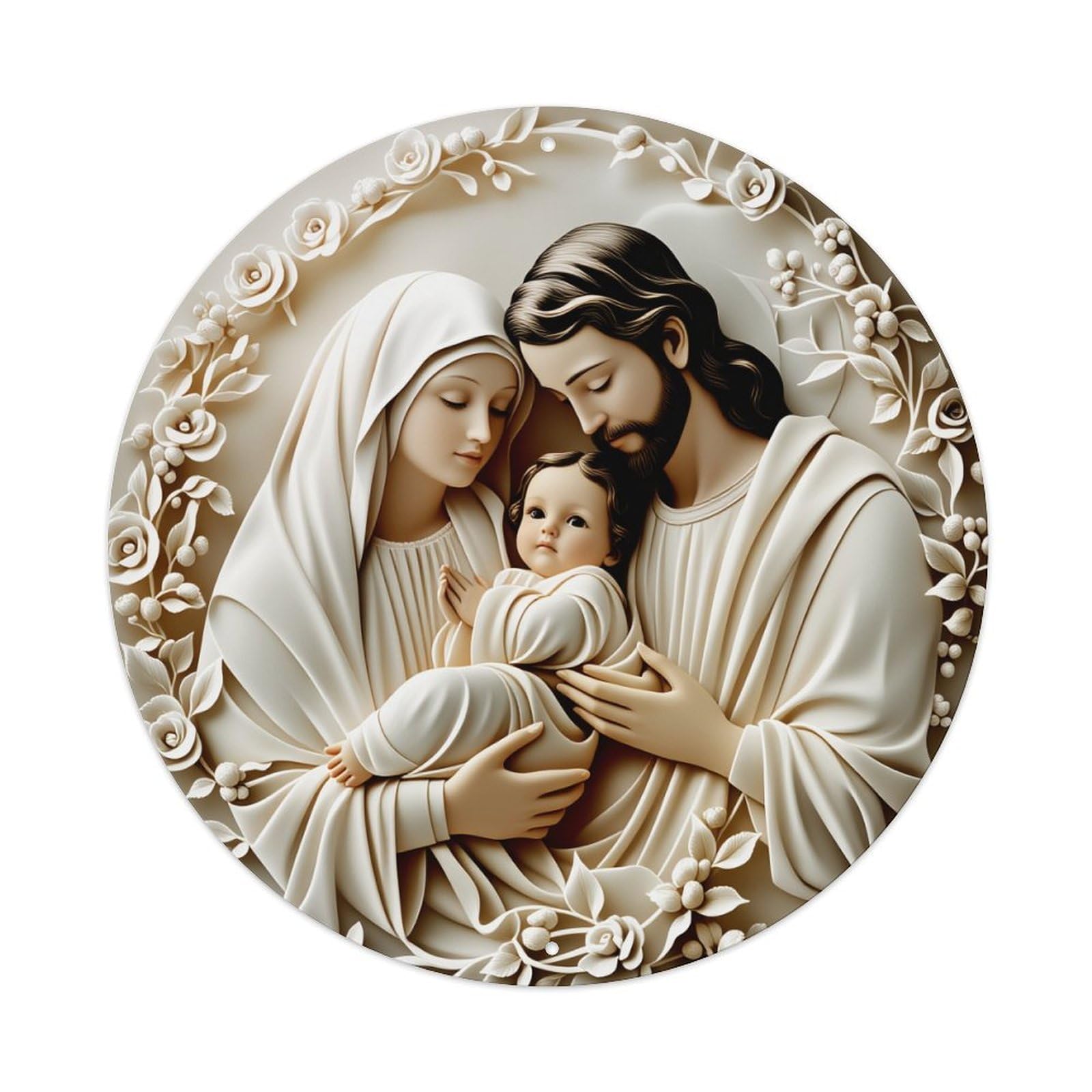 Holy Family With Roses And Leaves Pattern Round Vintage Tin Sign,Retro Wall Art,Metal Poster for Home, Bar, Garage, Cafe, Rustic Indoor & Outdoor Decor, 8x8 Inches